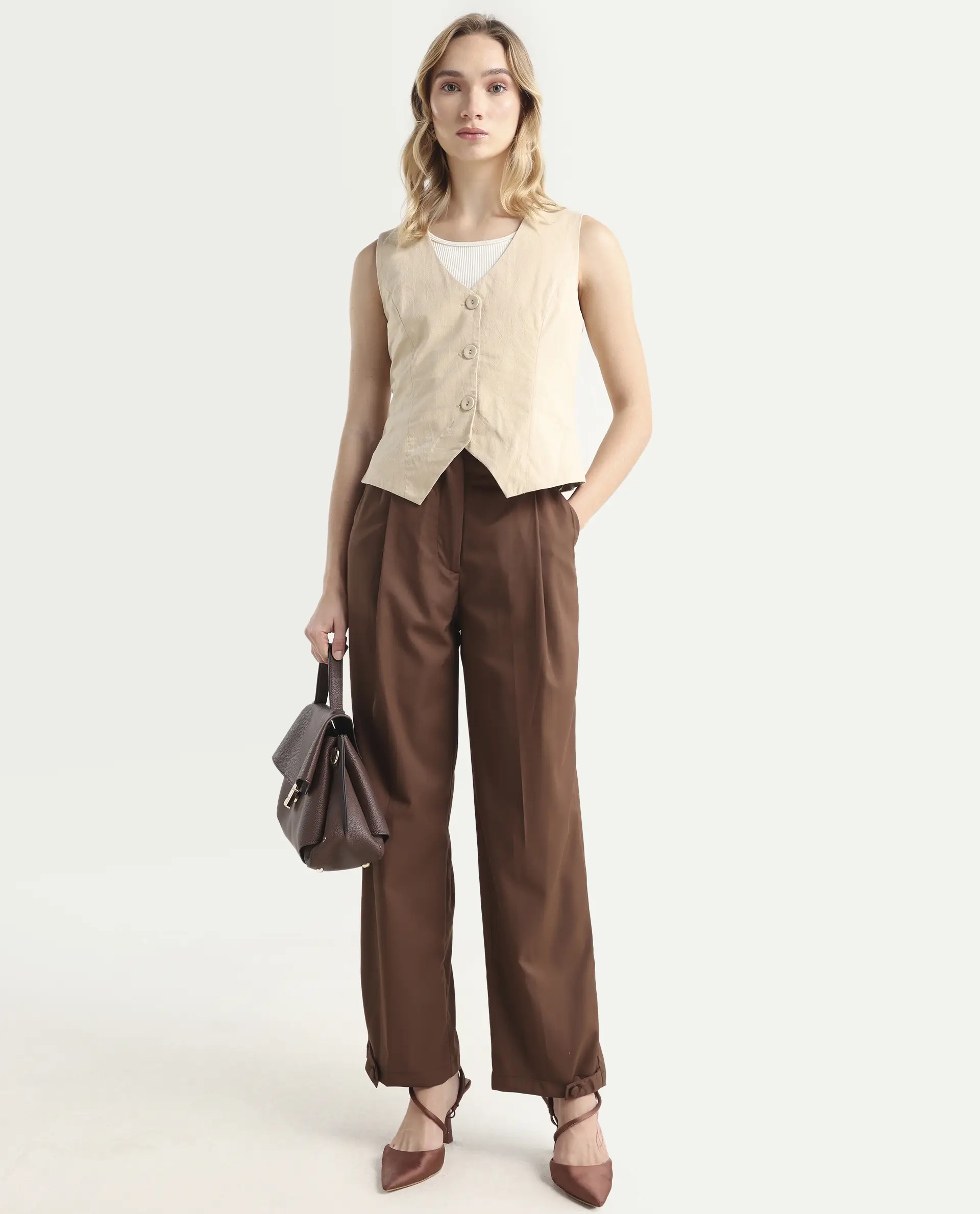 Rareism Women's Alina Brown Cotton Plain Ankle Length Flared Trouser