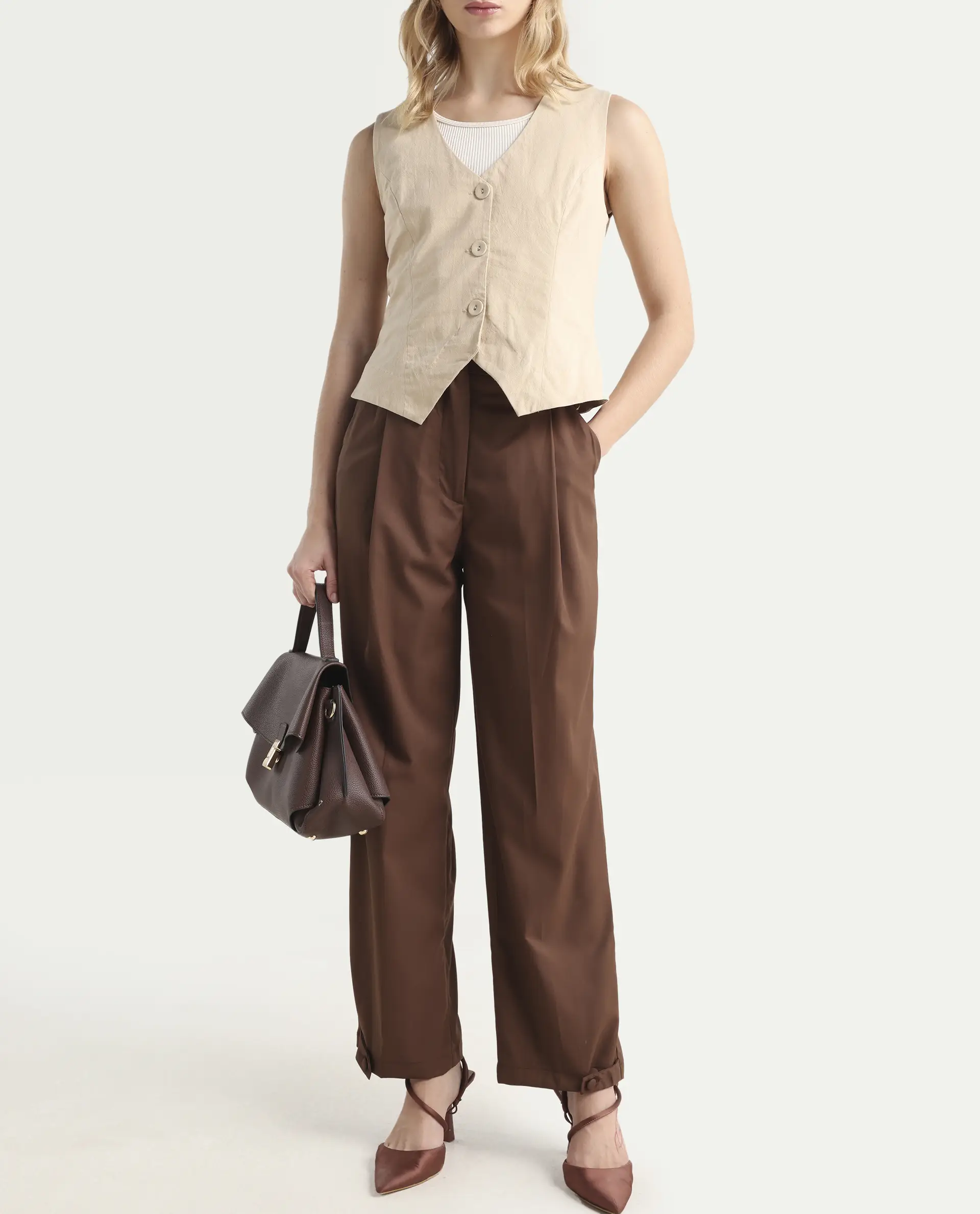 Rareism Women's Alina Brown Cotton Plain Ankle Length Flared Trouser - Image 2