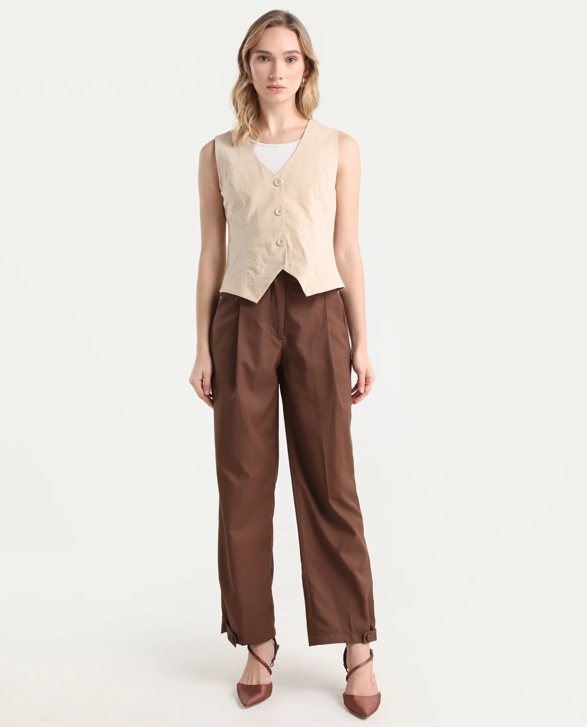 Rareism Women's Alina Brown Cotton Plain Ankle Length Flared Trouser - Image 3