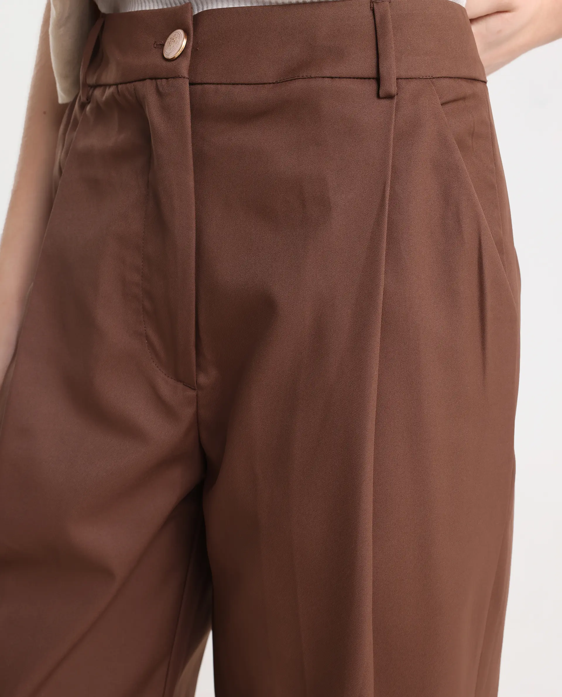 Rareism Women's Alina Brown Cotton Plain Ankle Length Flared Trouser - Image 4