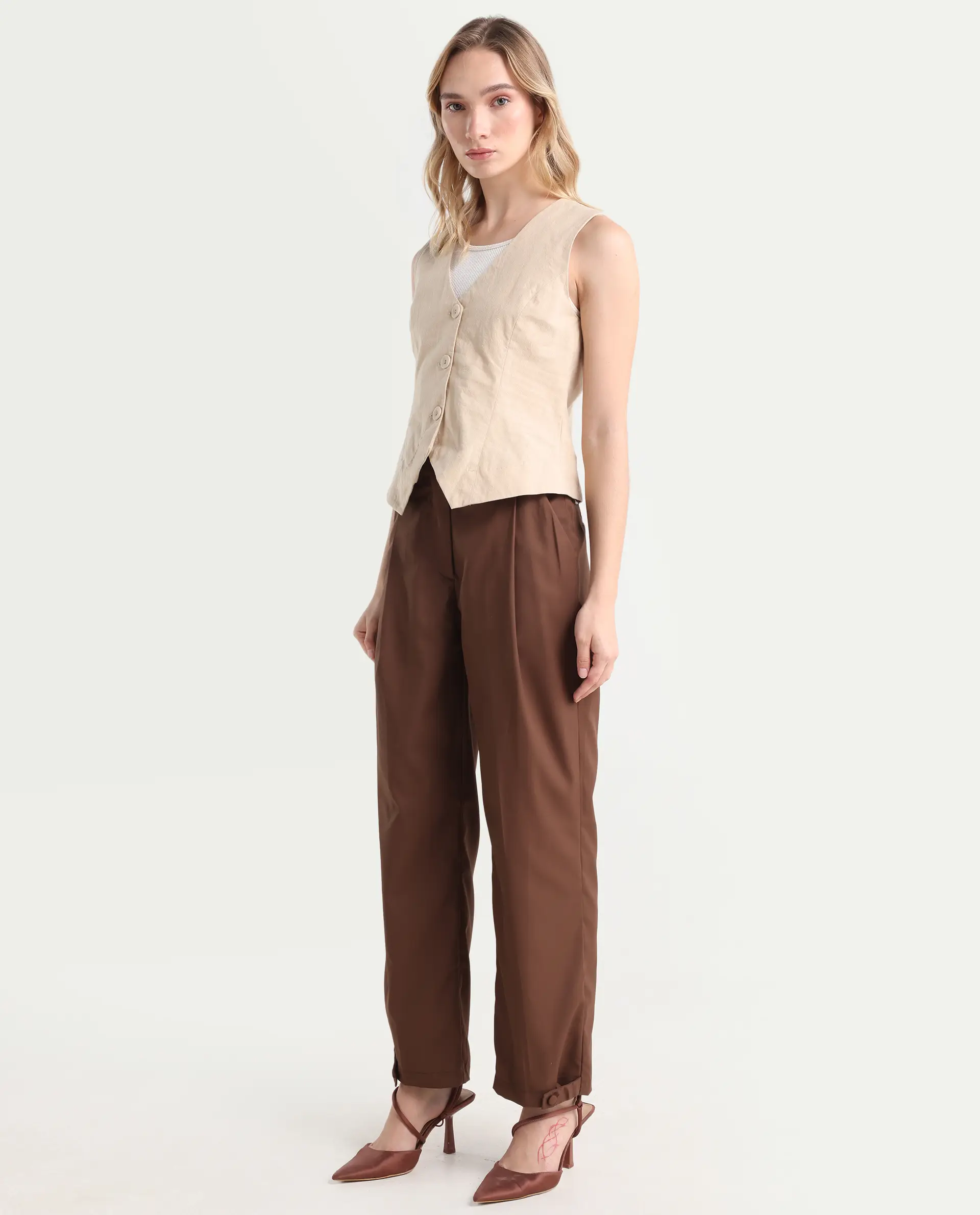 Rareism Women's Alina Brown Cotton Plain Ankle Length Flared Trouser - Image 6