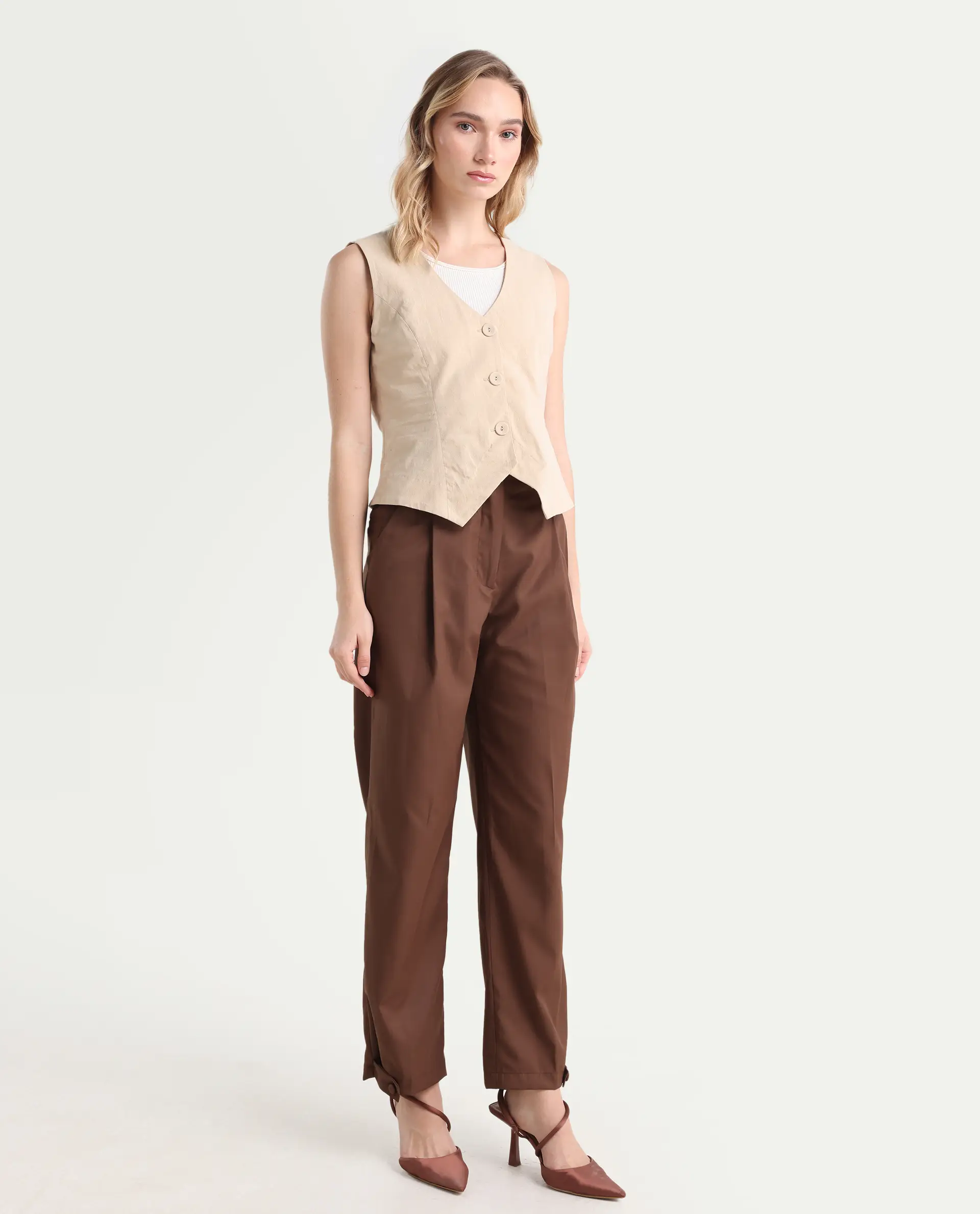 Rareism Women's Alina Brown Cotton Plain Ankle Length Flared Trouser - Image 7