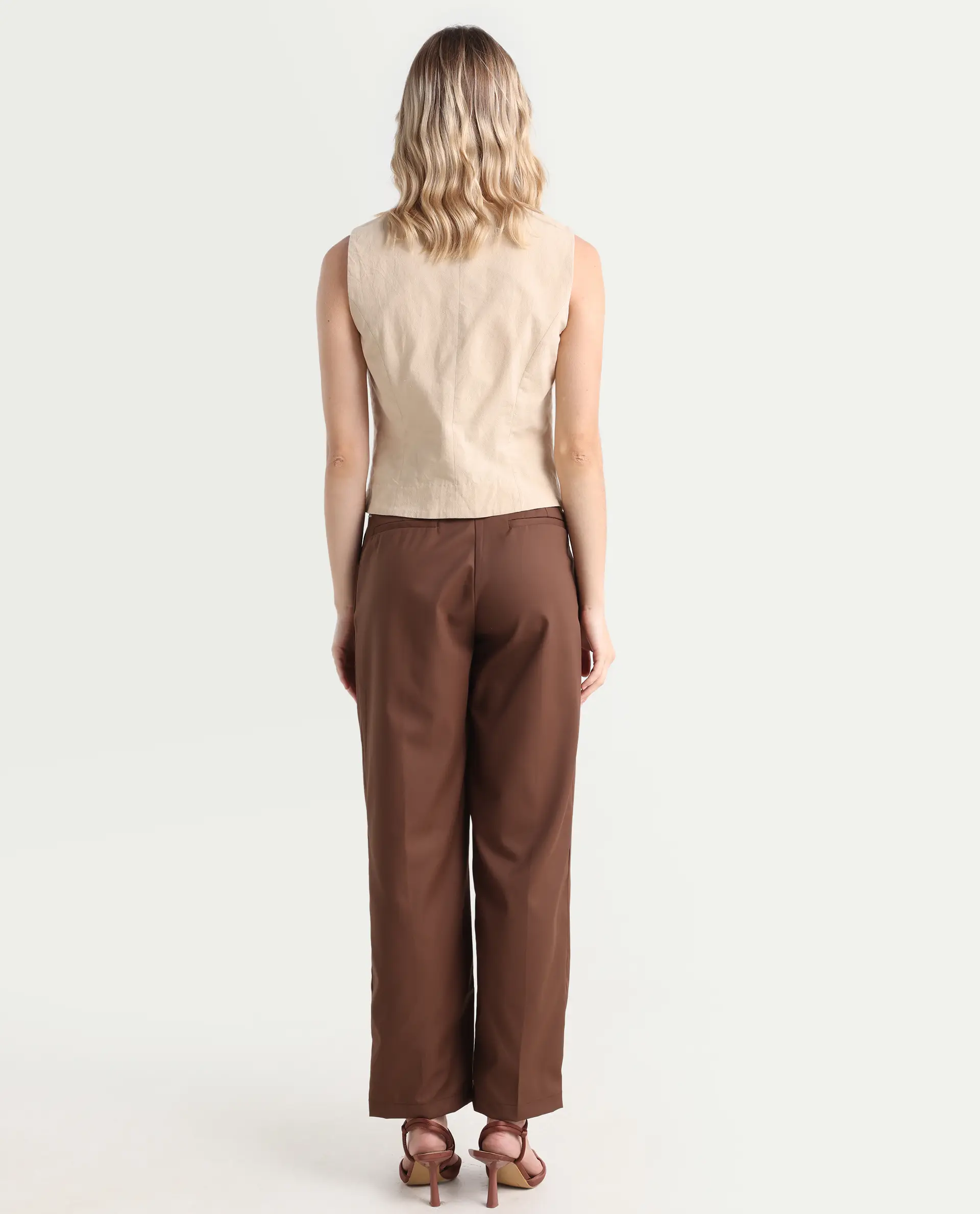 Rareism Women's Alina Brown Cotton Plain Ankle Length Flared Trouser - Image 8