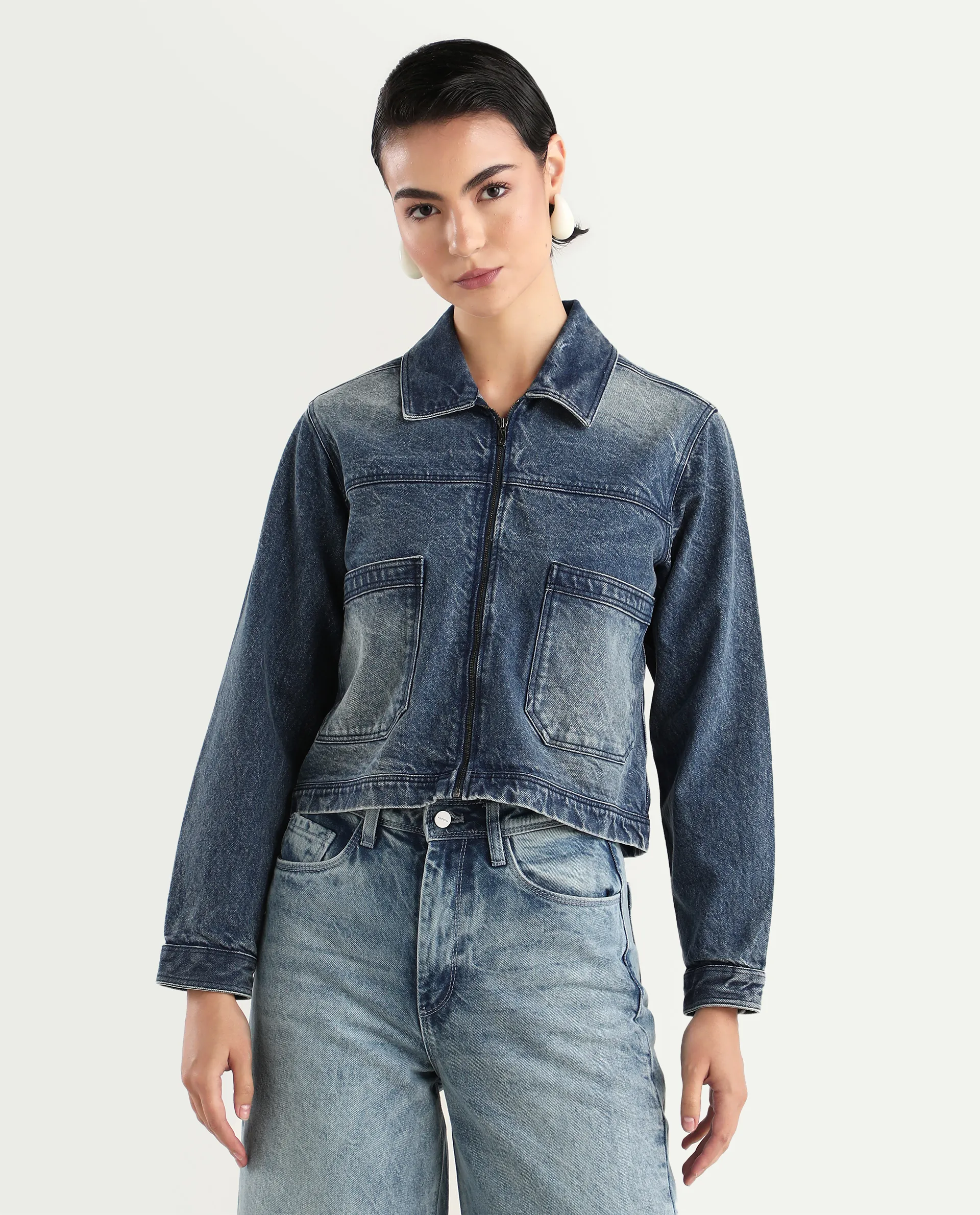 Rareism Women's Alino Blue Cotton Spread Collar Plain Cuffed Sleeve Regular Fit Jacket - Image 3