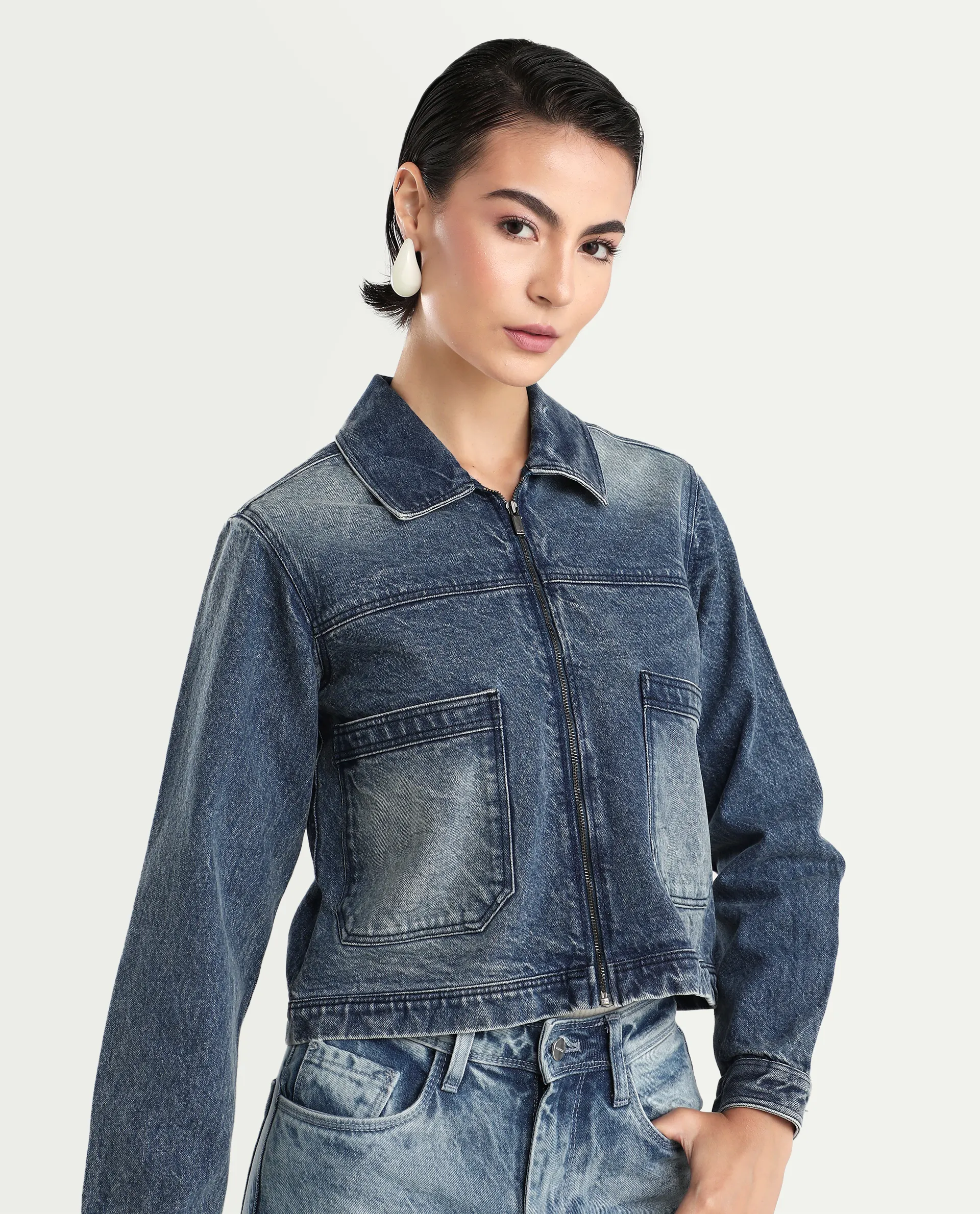 Rareism Women's Alino Blue Cotton Spread Collar Plain Cuffed Sleeve Regular Fit Jacket - Image 4