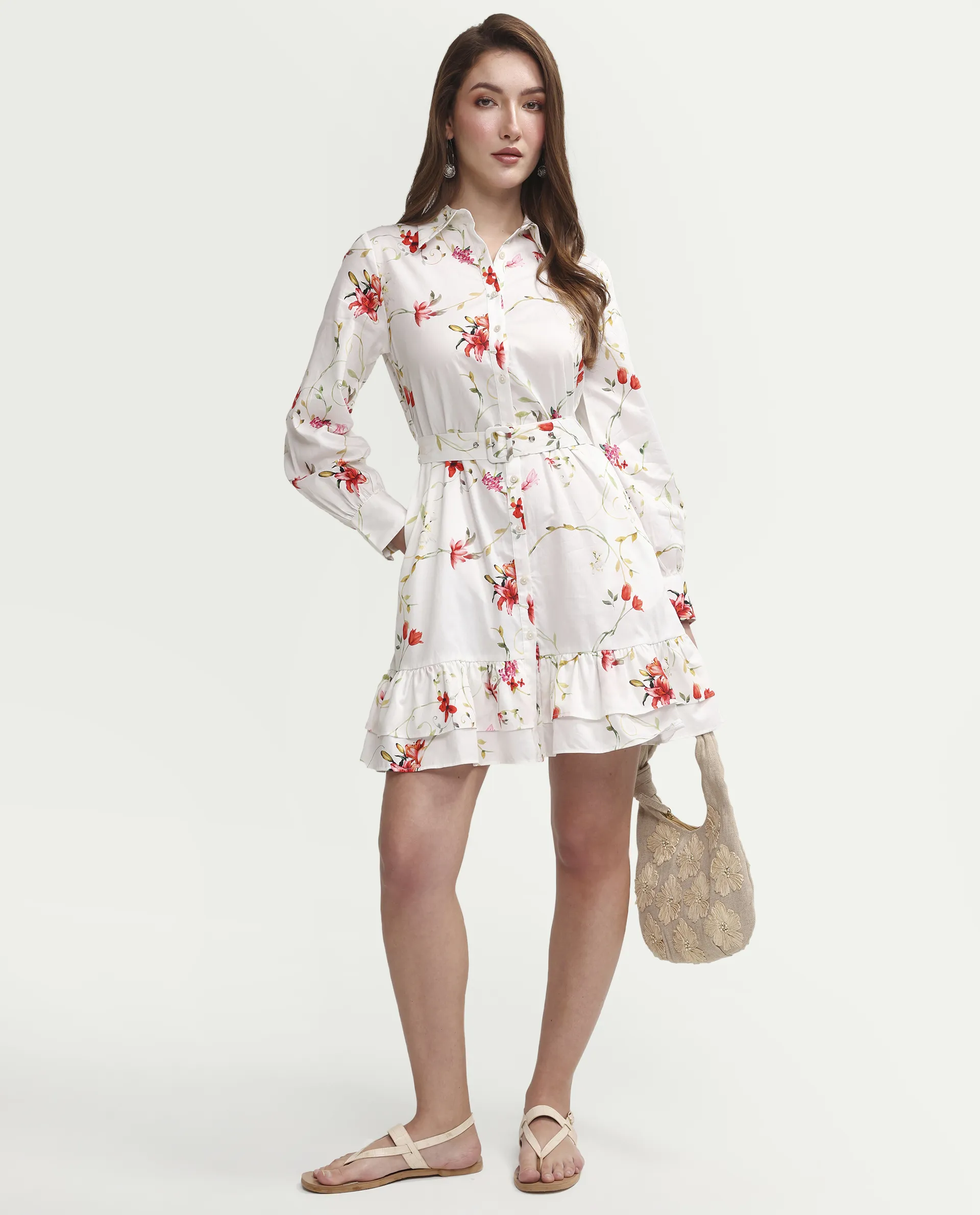 Rareism Women's Alitap Off White Cotton Full Sleeve Fit And Flare Floral Print Dress - Image 2