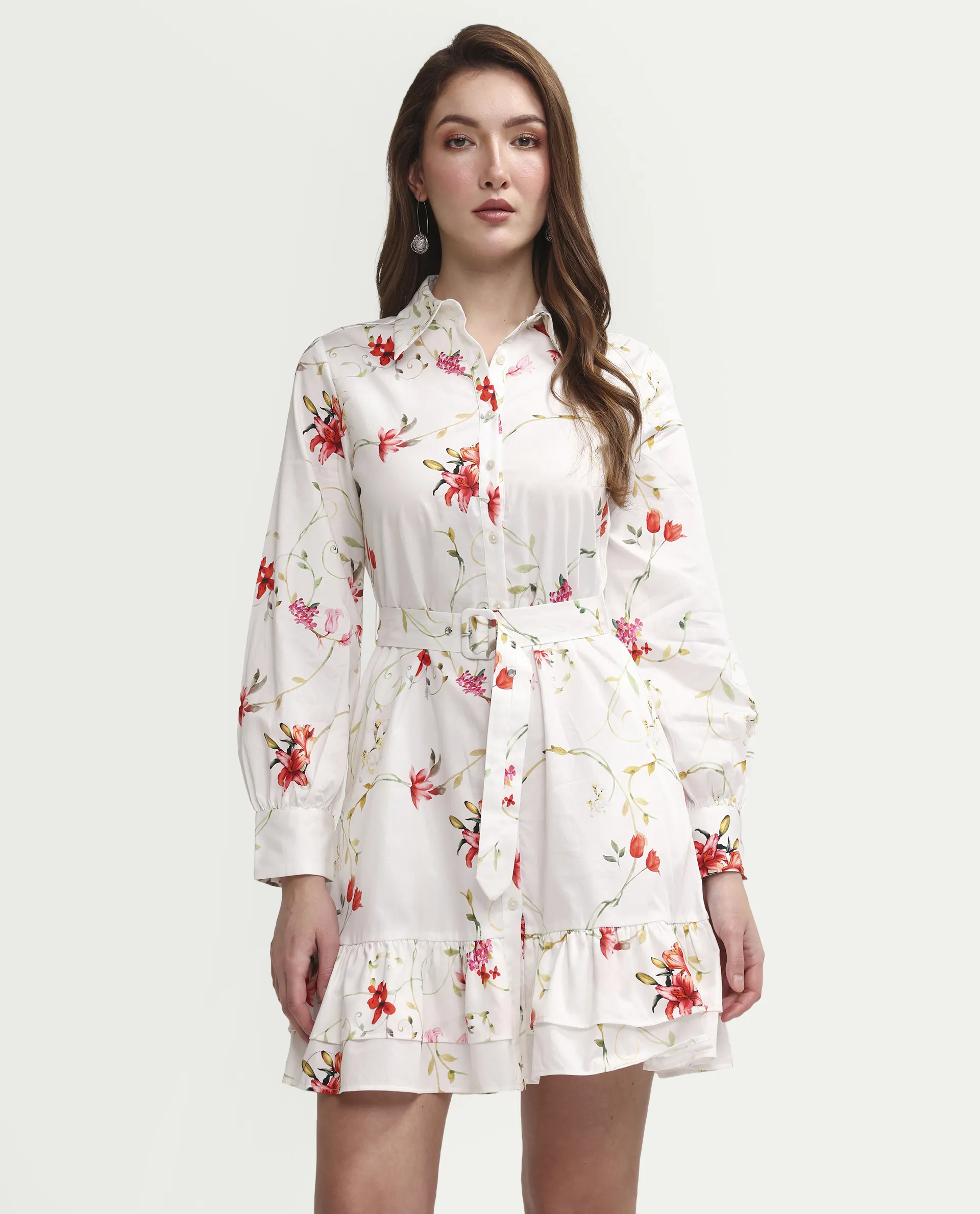 Rareism Women's Alitap Off White Cotton Full Sleeve Fit And Flare Floral Print Dress - Image 3