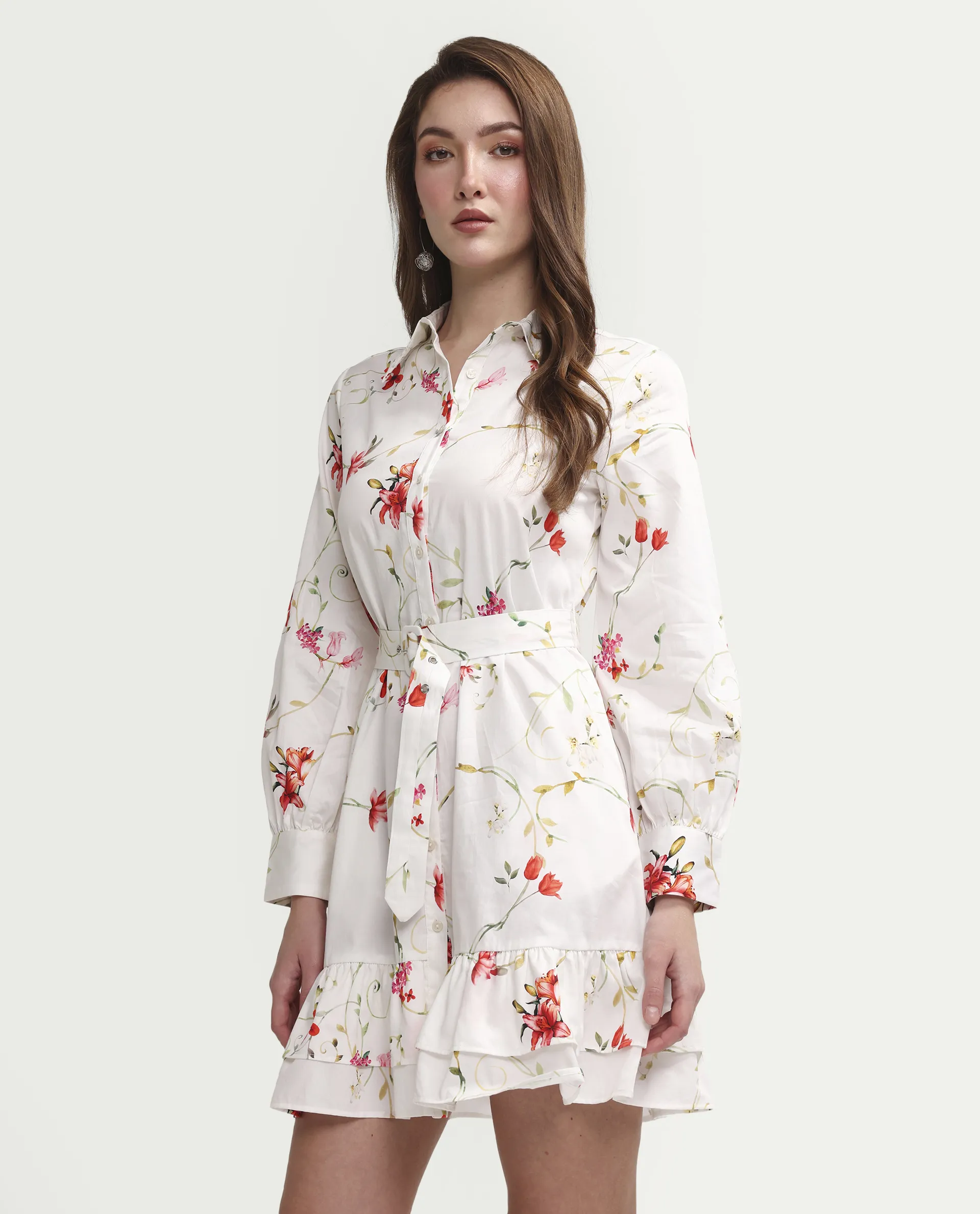 Rareism Women's Alitap Off White Cotton Full Sleeve Fit And Flare Floral Print Dress - Image 5