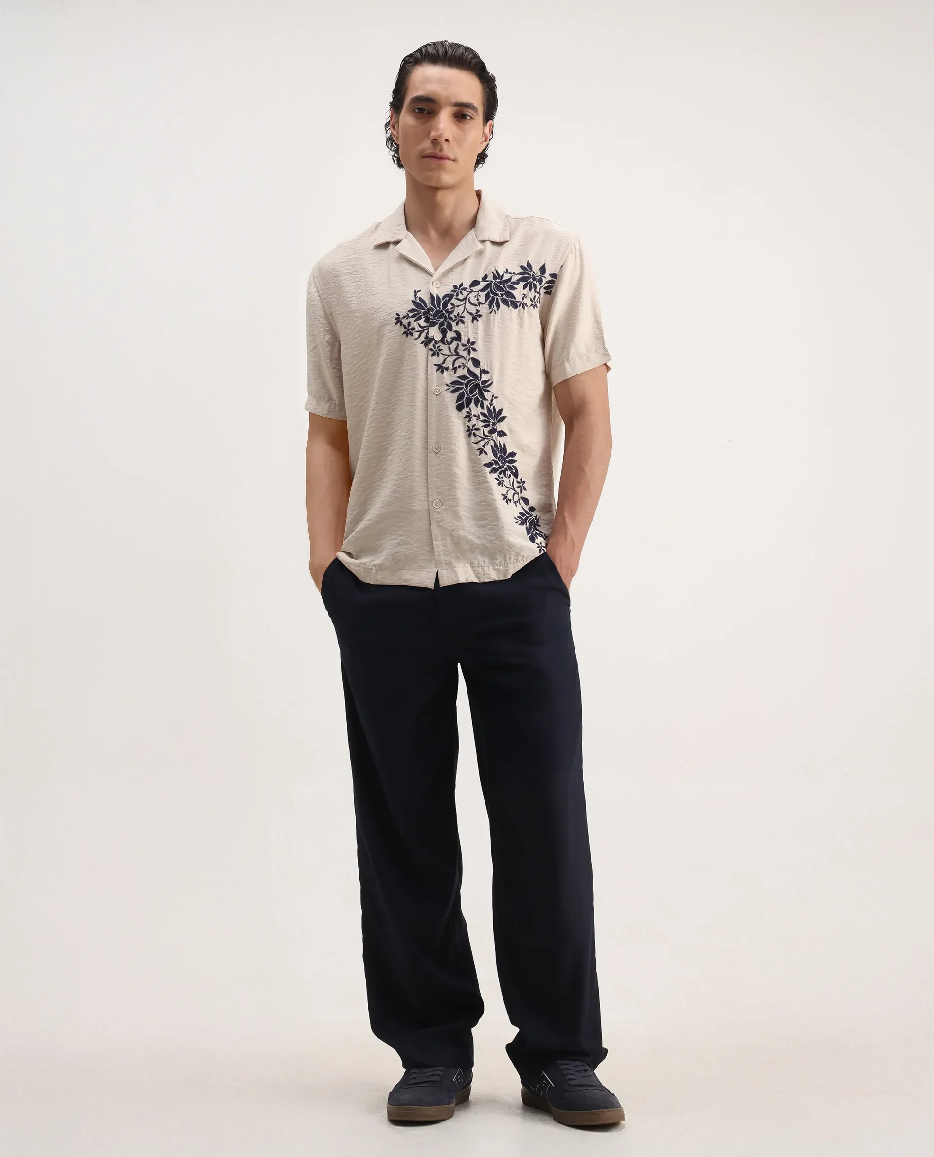 Rare Rabbit Men's Alix Beige Viscose Blend Embroidered Boxy Fit Half Sleeve Cuban Collar Shirt - Image 2