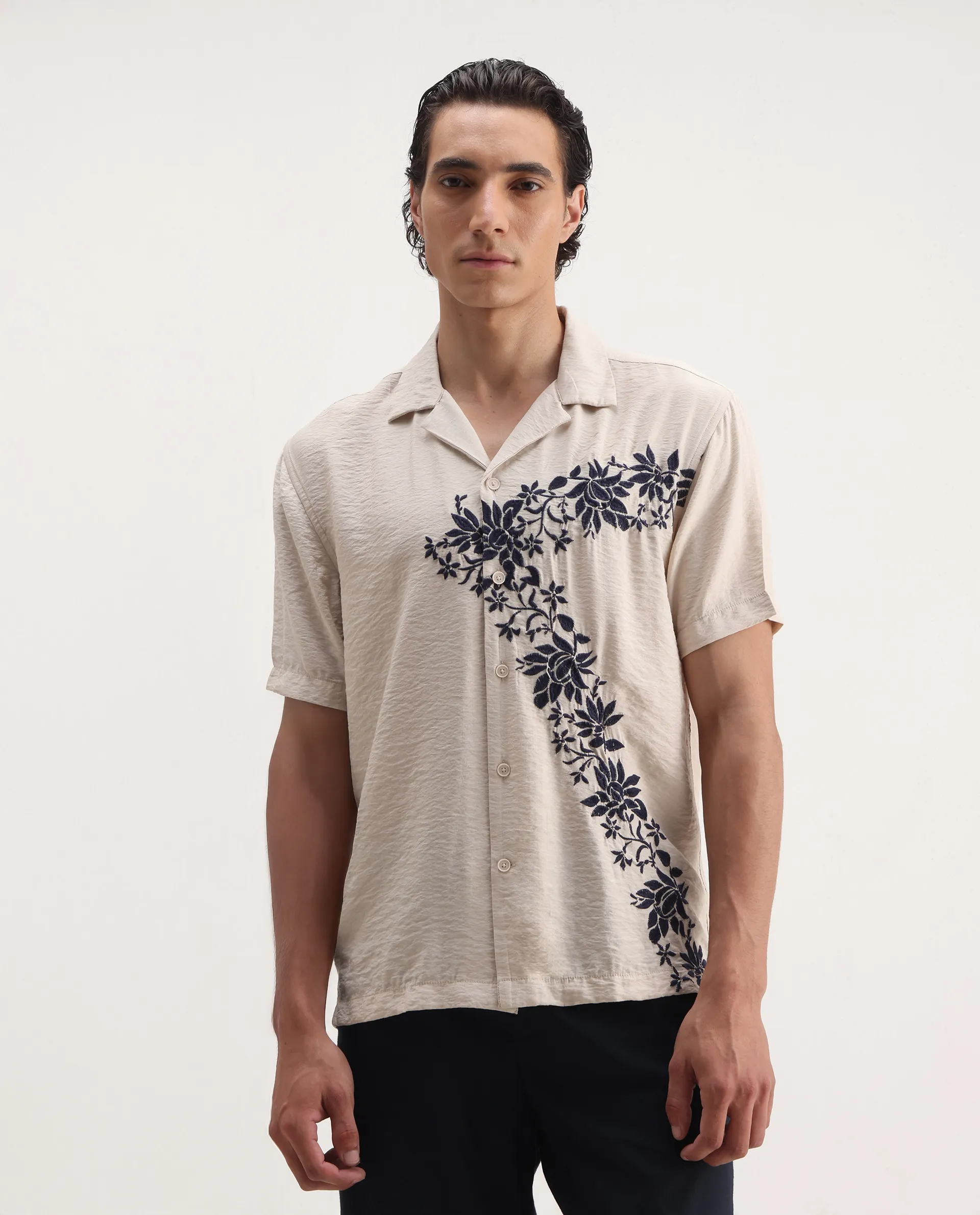 Rare Rabbit Men's Alix Beige Viscose Blend Embroidered Boxy Fit Half Sleeve Cuban Collar Shirt - Image 4