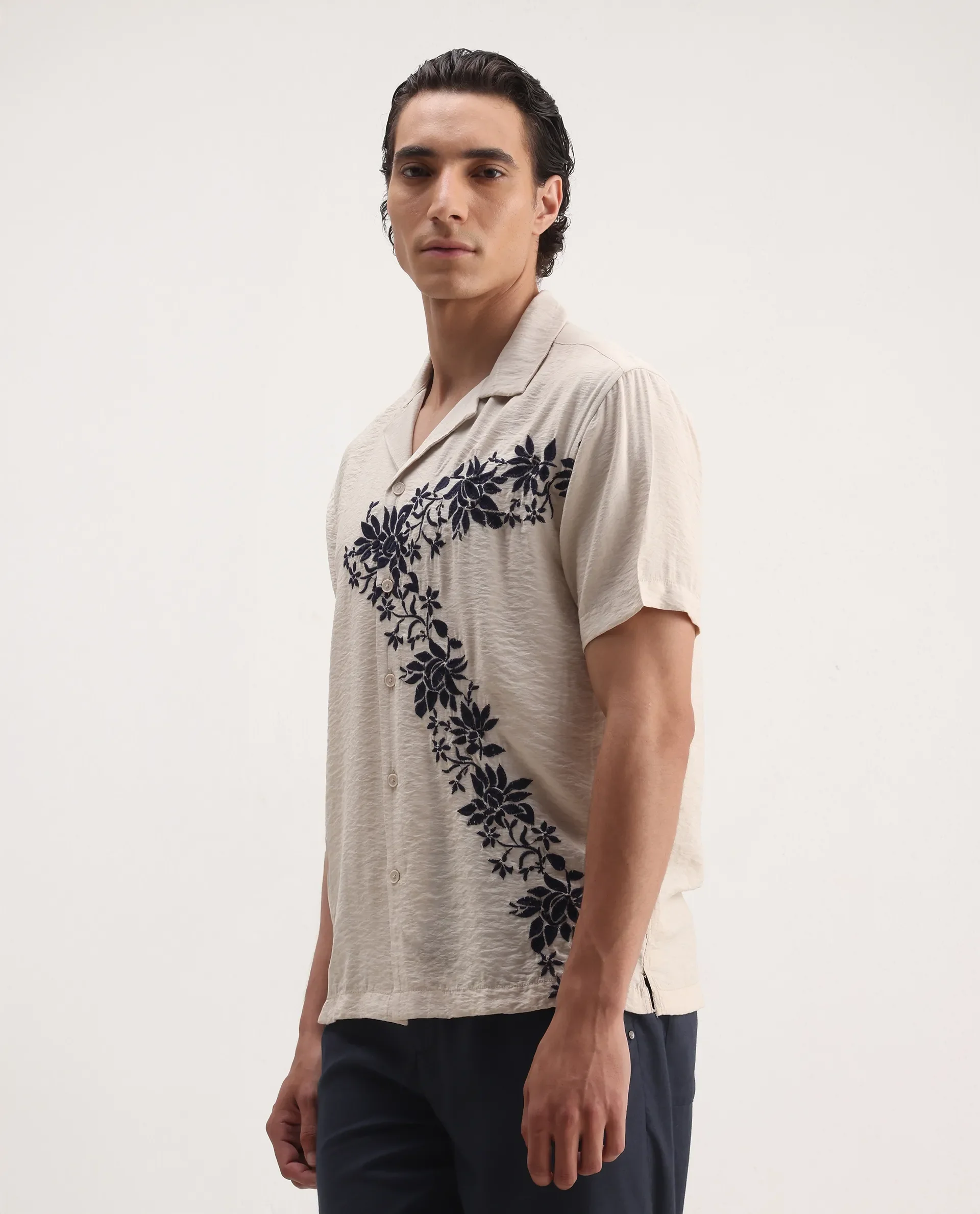 Rare Rabbit Men's Alix Beige Viscose Blend Embroidered Boxy Fit Half Sleeve Cuban Collar Shirt - Image 5