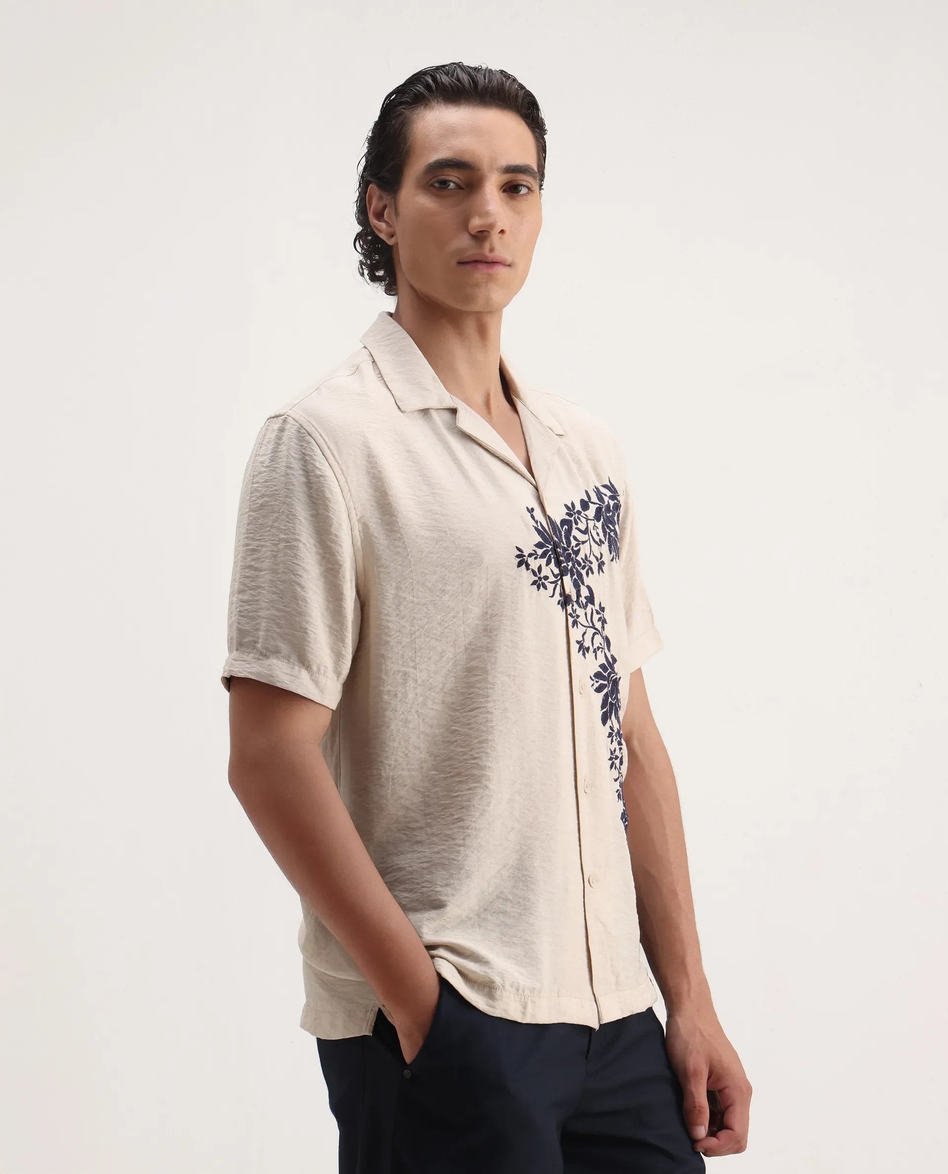Rare Rabbit Men's Alix Beige Viscose Blend Embroidered Boxy Fit Half Sleeve Cuban Collar Shirt - Image 6