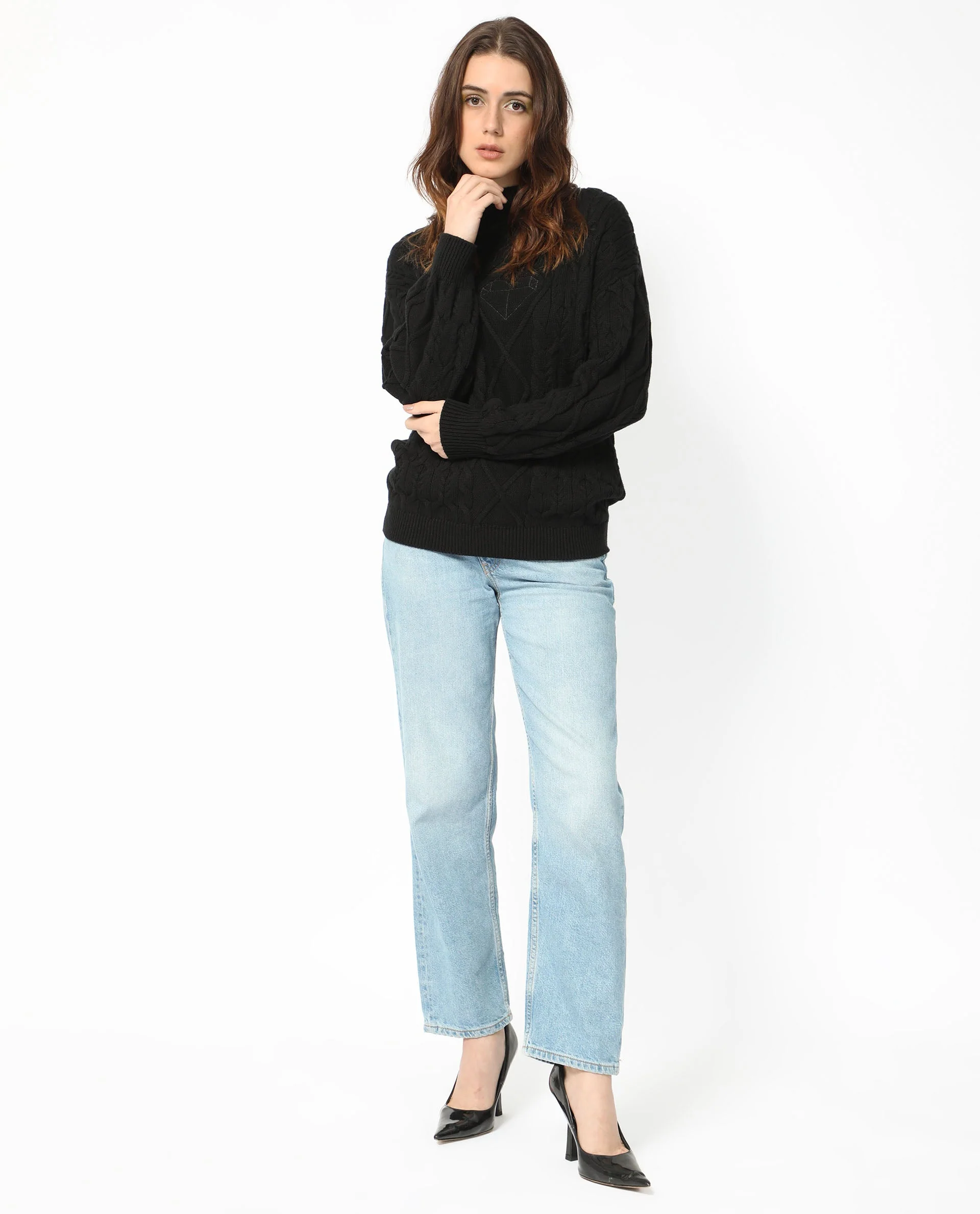 Rareism Women's Allen Black Cotton Turtle Neck Plain Regular Fit Sweater - Image 2