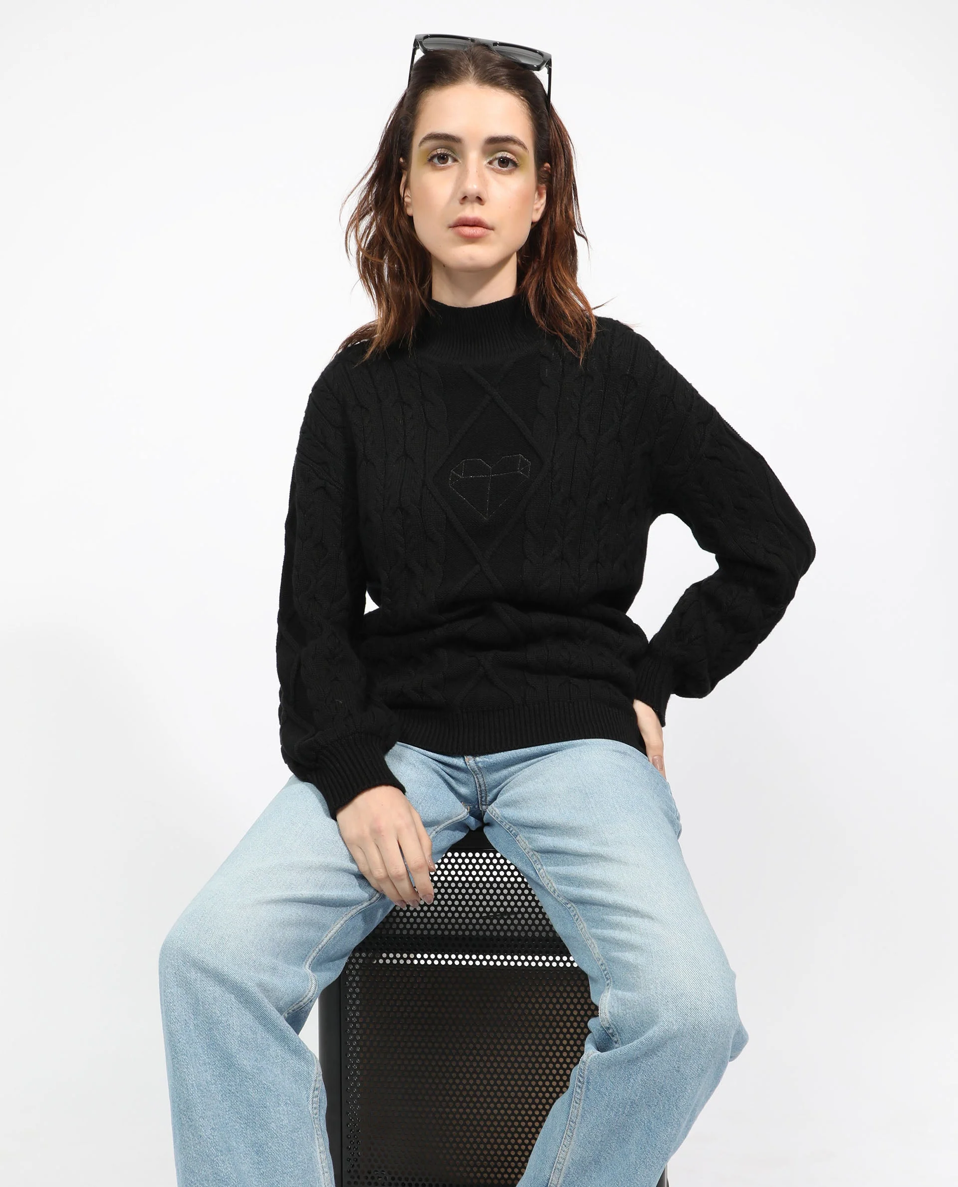 Rareism Women's Allen Black Cotton Turtle Neck Plain Regular Fit Sweater - Image 3