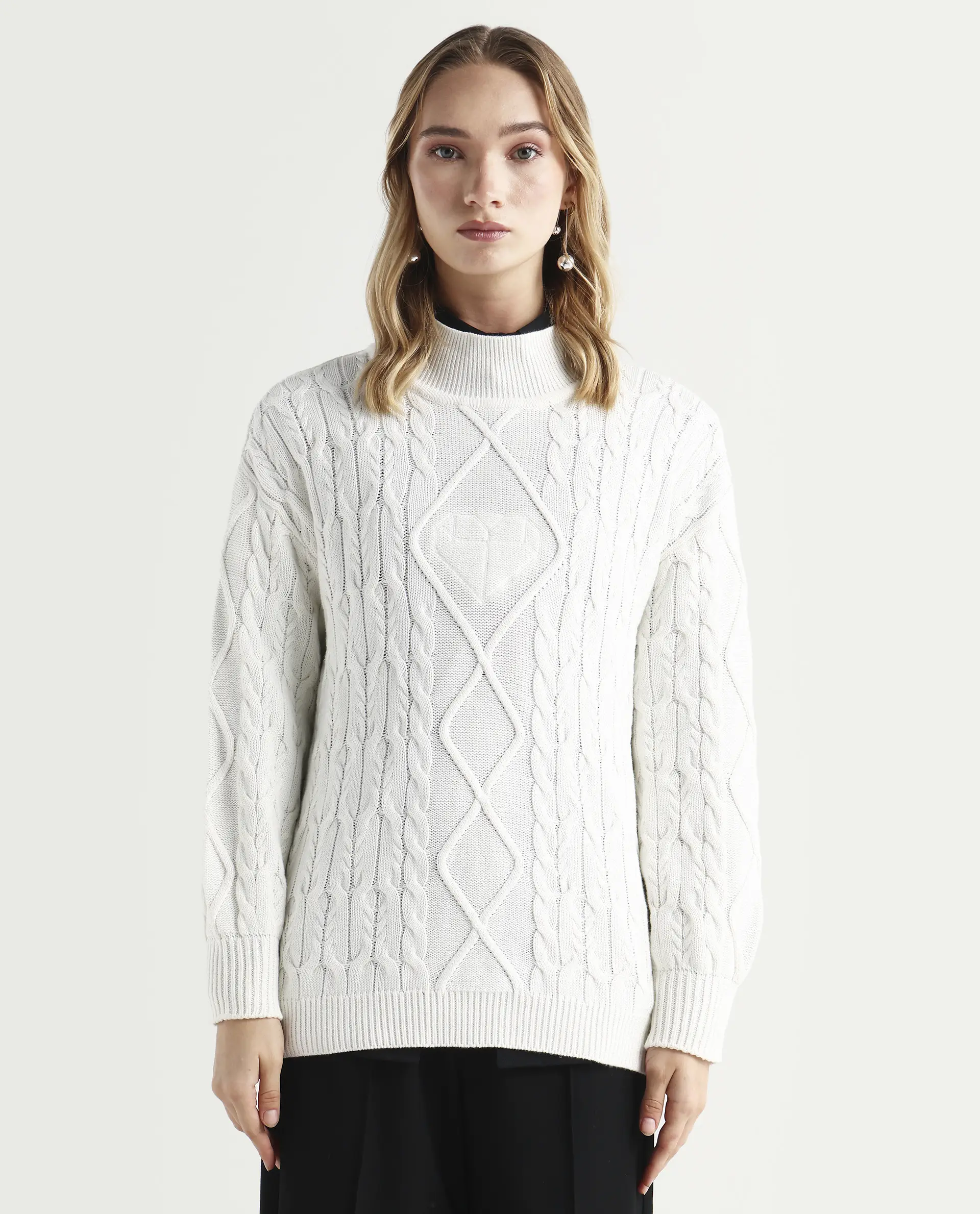Rareism Women's Allen Off White Cotton Turtle Neck Plain Regular Fit Sweater - Image 3