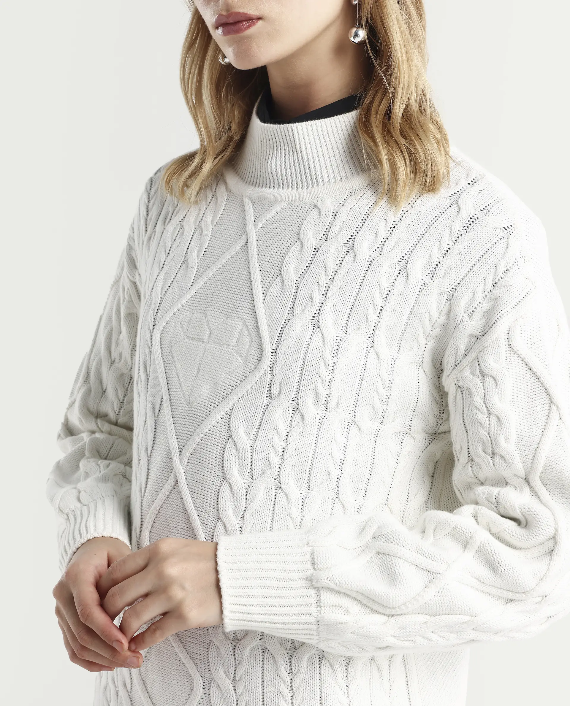 Rareism Women's Allen Off White Cotton Turtle Neck Plain Regular Fit Sweater - Image 4