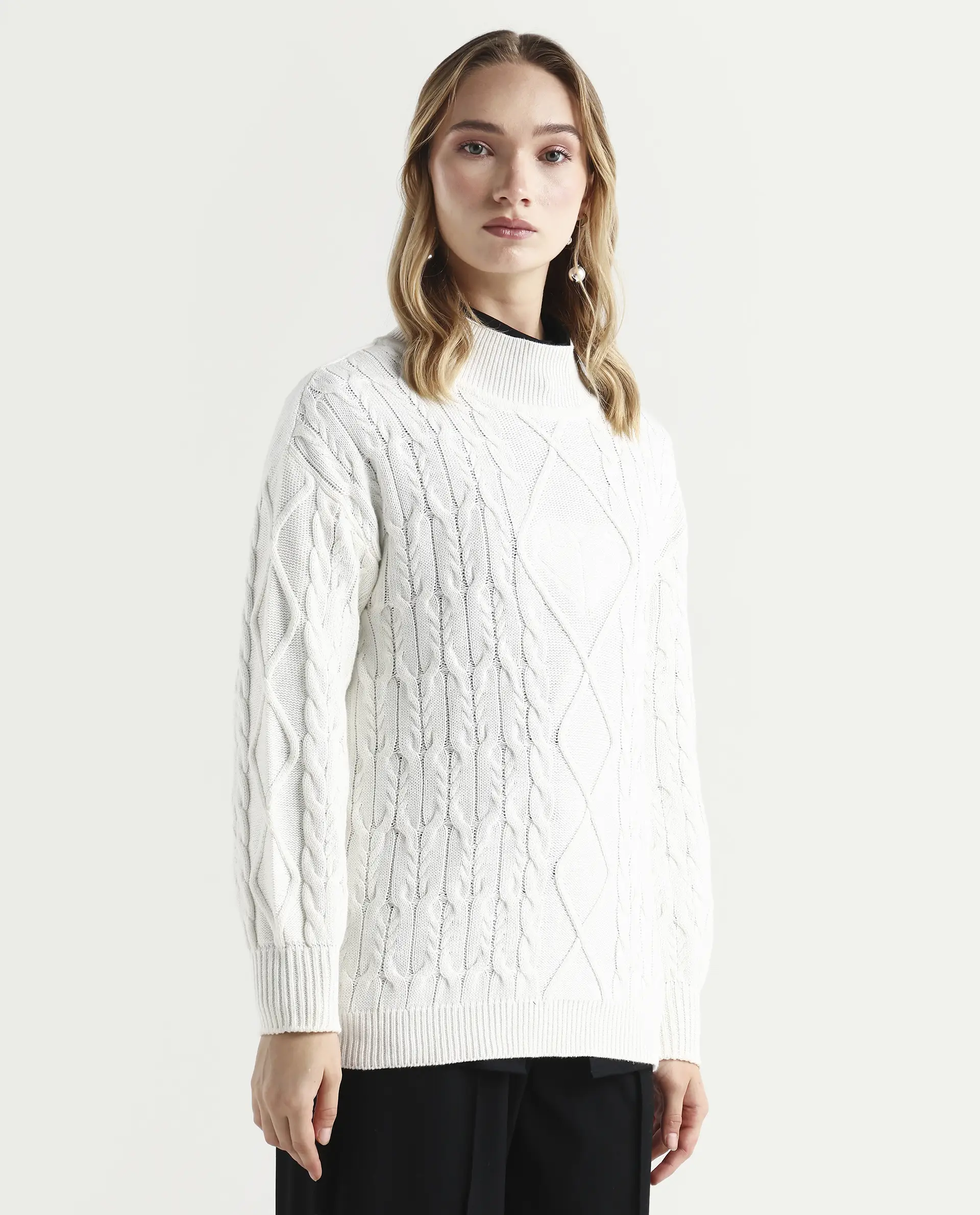 Rareism Women's Allen Off White Cotton Turtle Neck Plain Regular Fit Sweater - Image 5
