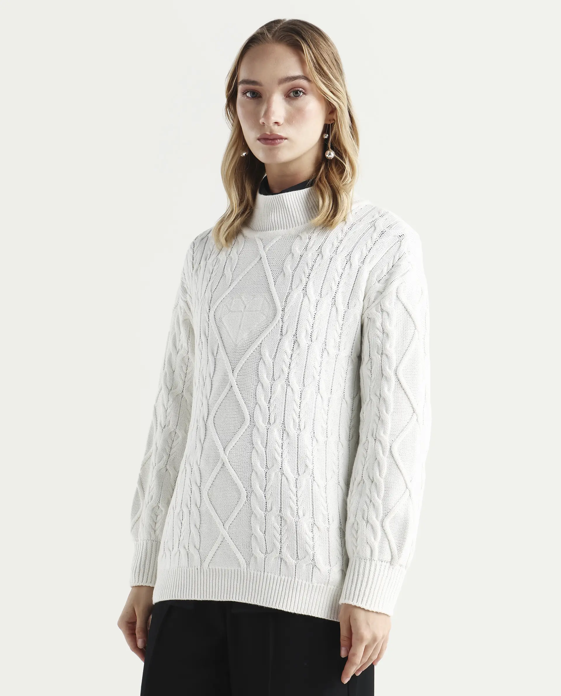 Rareism Women's Allen Off White Cotton Turtle Neck Plain Regular Fit Sweater - Image 6
