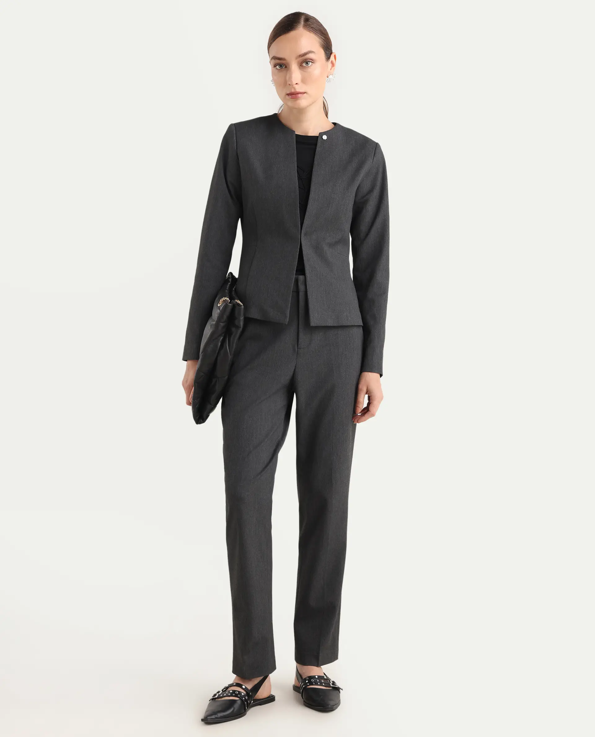 Rareism Women's Allenso Grey Polyester Blend Full Sleeve Plain Blazer - Image 2