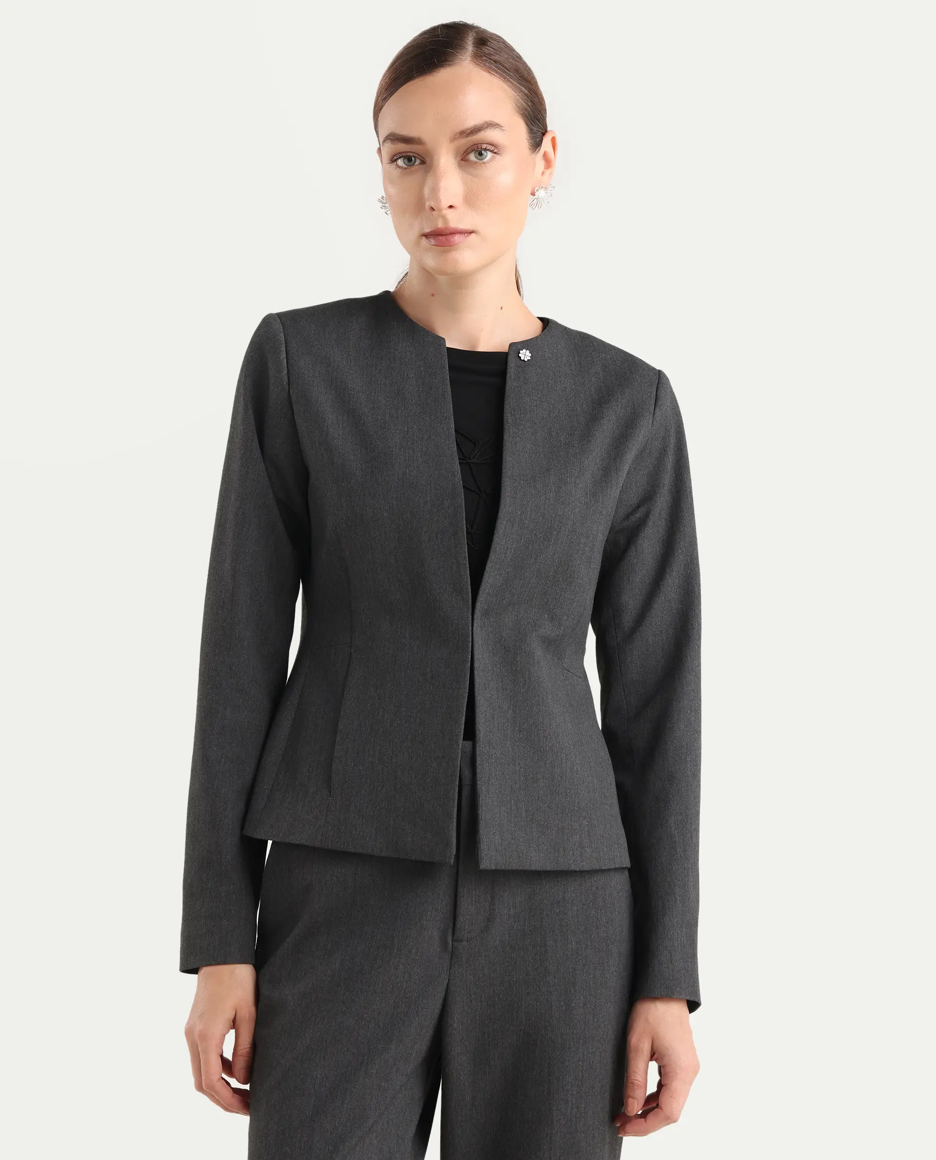 Rareism Women's Allenso Grey Polyester Blend Full Sleeve Plain Blazer - Image 3