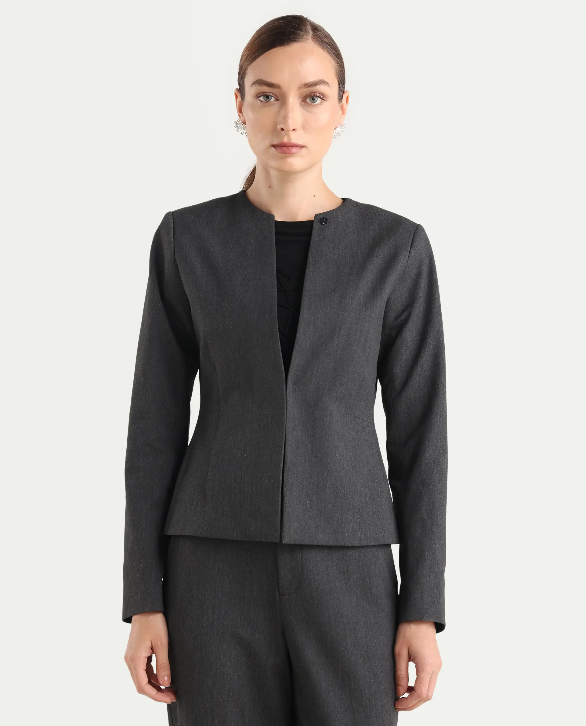 Rareism Women's Allenso Grey Polyester Blend Full Sleeve Plain Blazer - Image 4