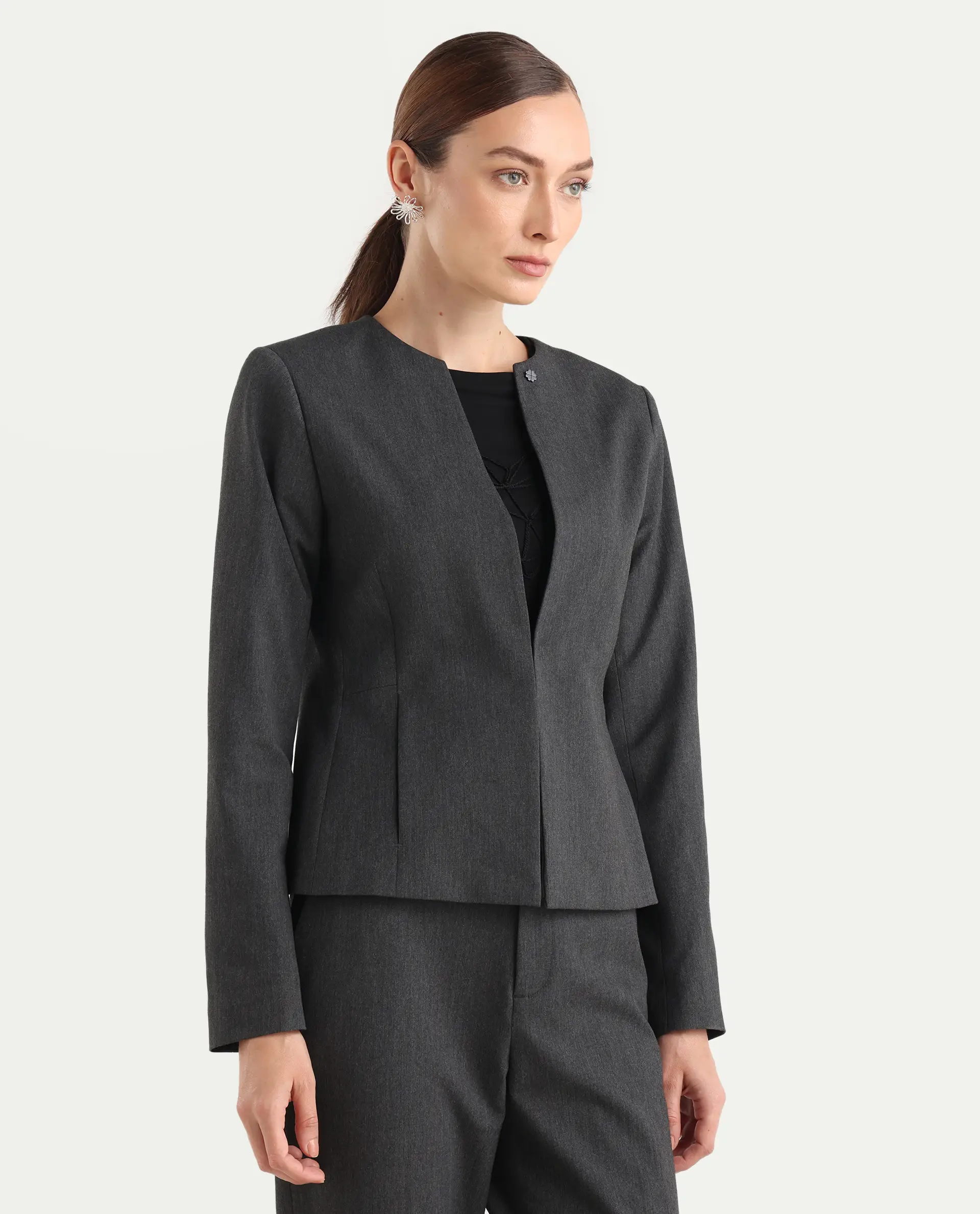 Rareism Women's Allenso Grey Polyester Blend Full Sleeve Plain Blazer - Image 7