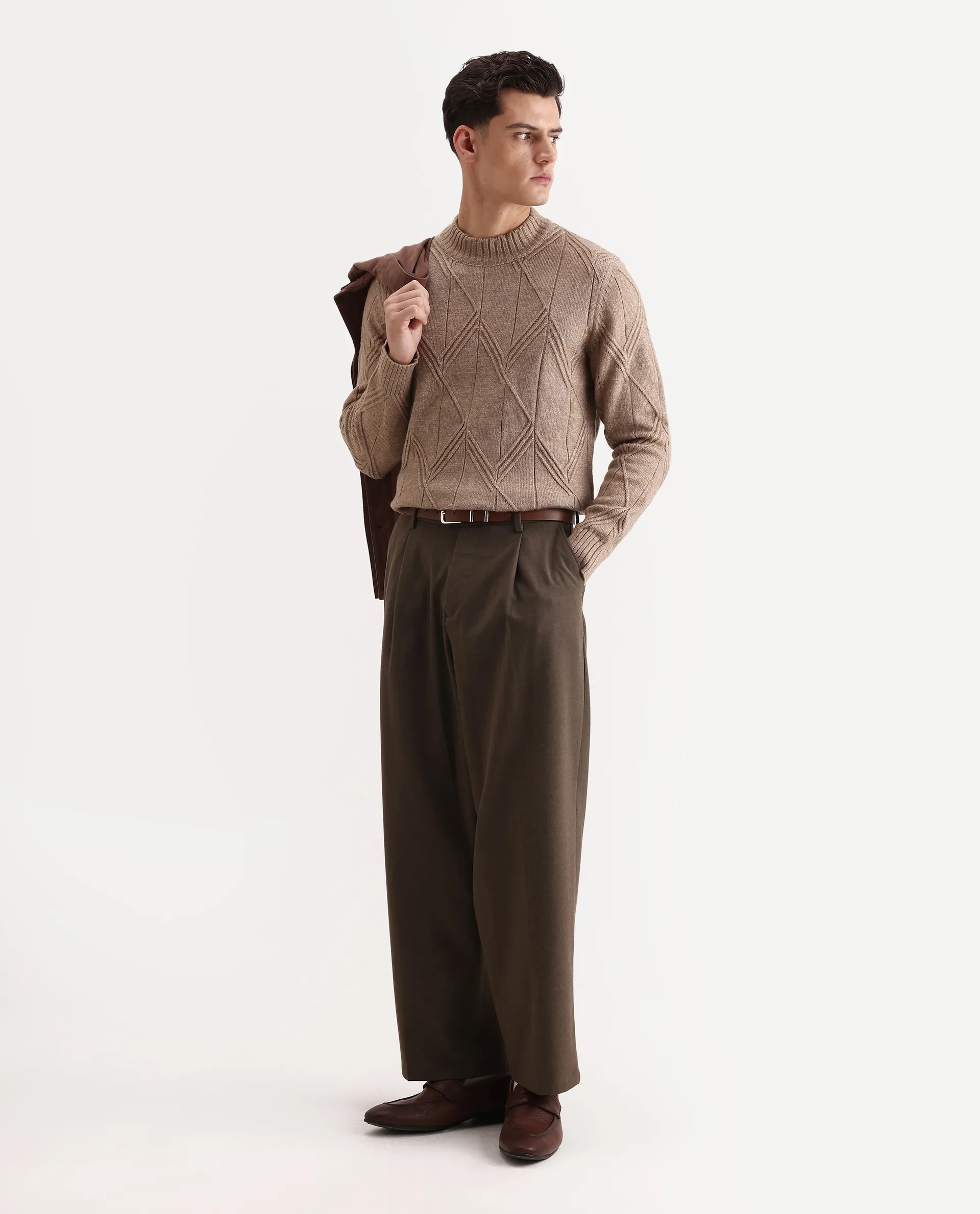 Rare Rabbit Men's Alli Dark Beige Polyester Plain Regular Fit Full Sleeve High Neck Sweater - Image 2