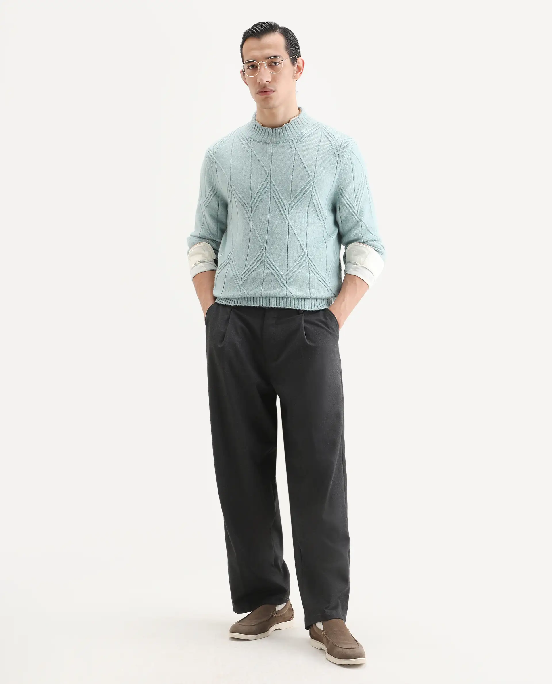 Rare Rabbit Men's Alli Pastel Blue Polyester Plain Regular Fit Full Sleeve High Neck Sweater - Image 2