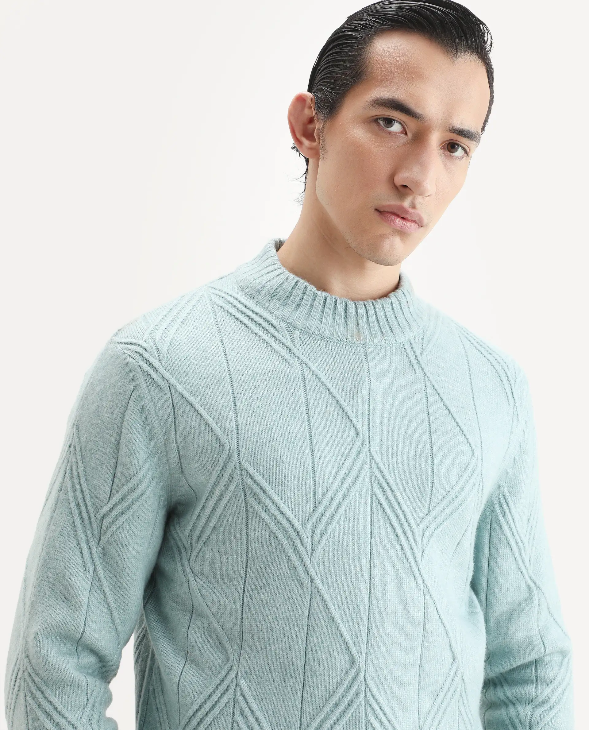 Rare Rabbit Men's Alli Pastel Blue Polyester Plain Regular Fit Full Sleeve High Neck Sweater - Image 3