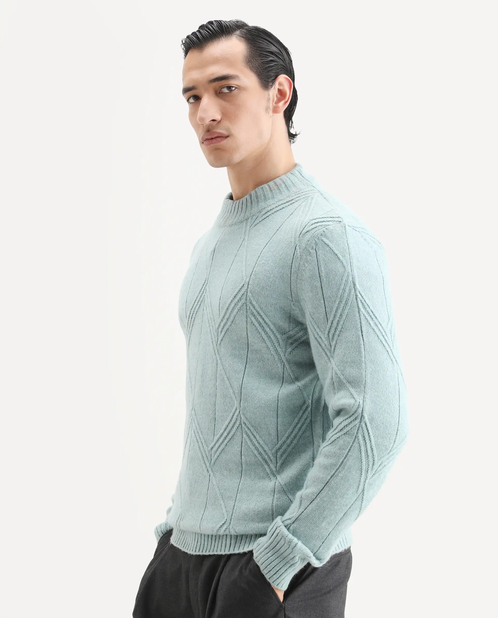Rare Rabbit Men's Alli Pastel Blue Polyester Plain Regular Fit Full Sleeve High Neck Sweater - Image 5