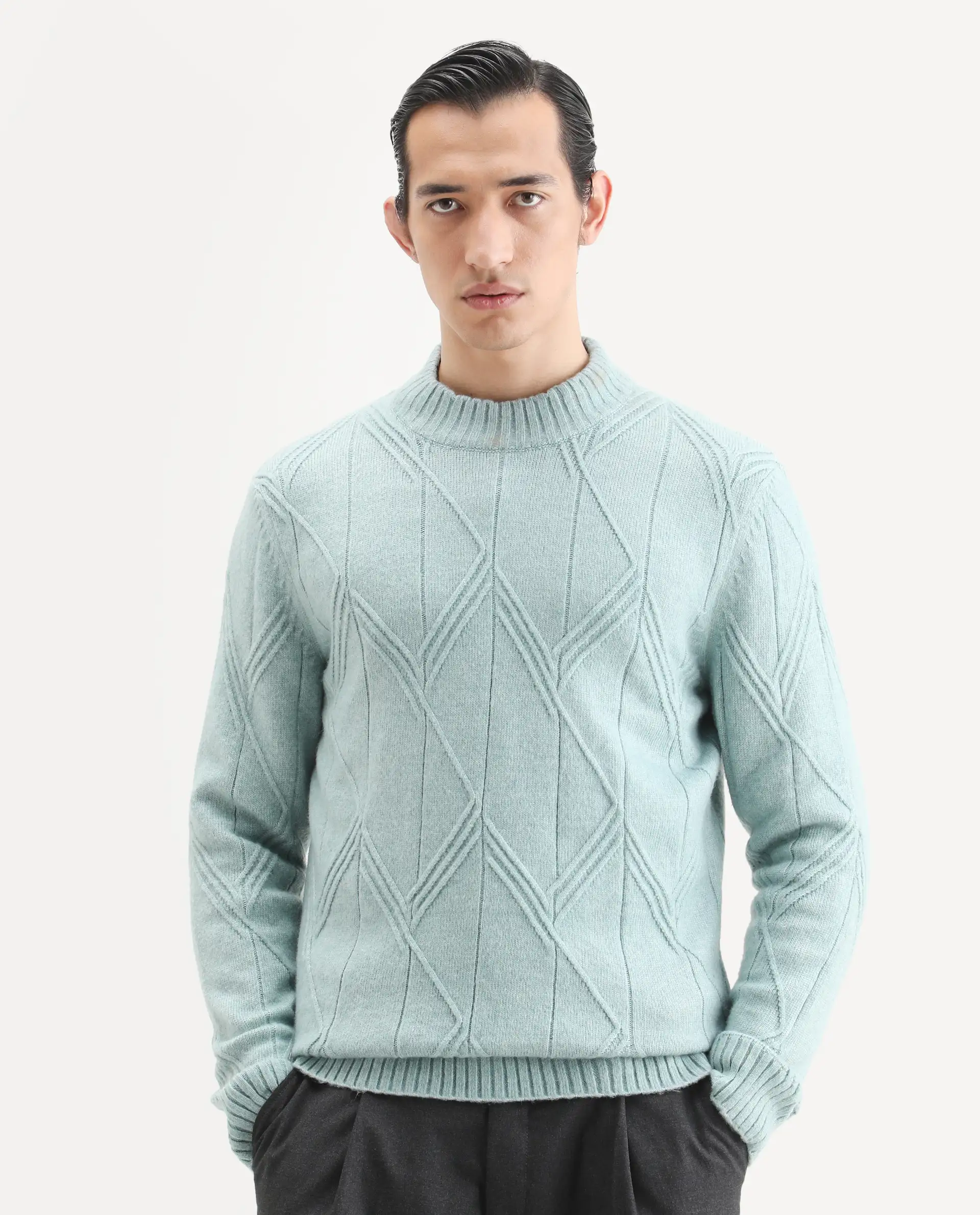 Rare Rabbit Men's Alli Pastel Blue Polyester Plain Regular Fit Full Sleeve High Neck Sweater - Image 6
