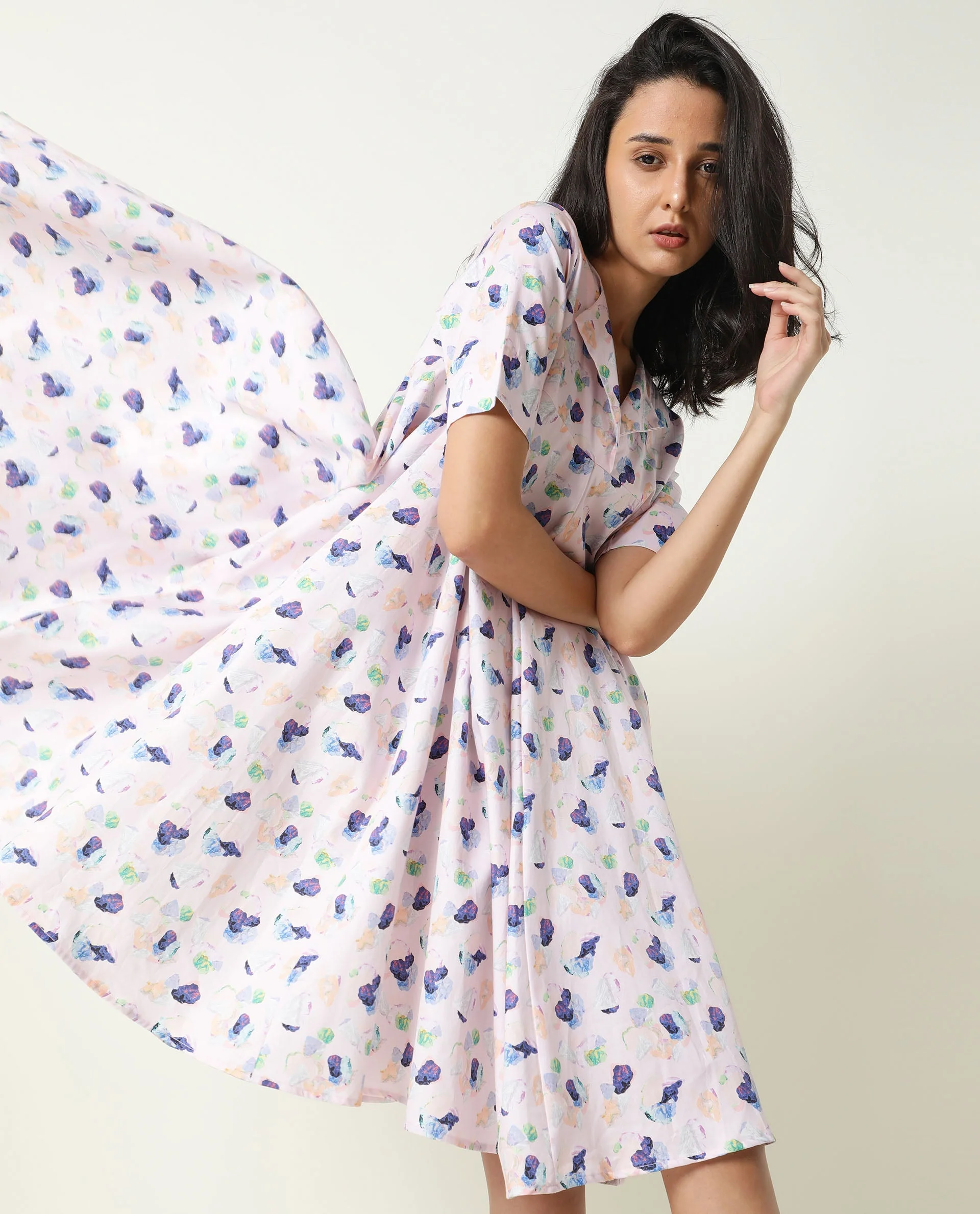 Rareism Women's Allia Pink Lapel Neck Floral Print Knee Length Regular Fit Dress - Image 7