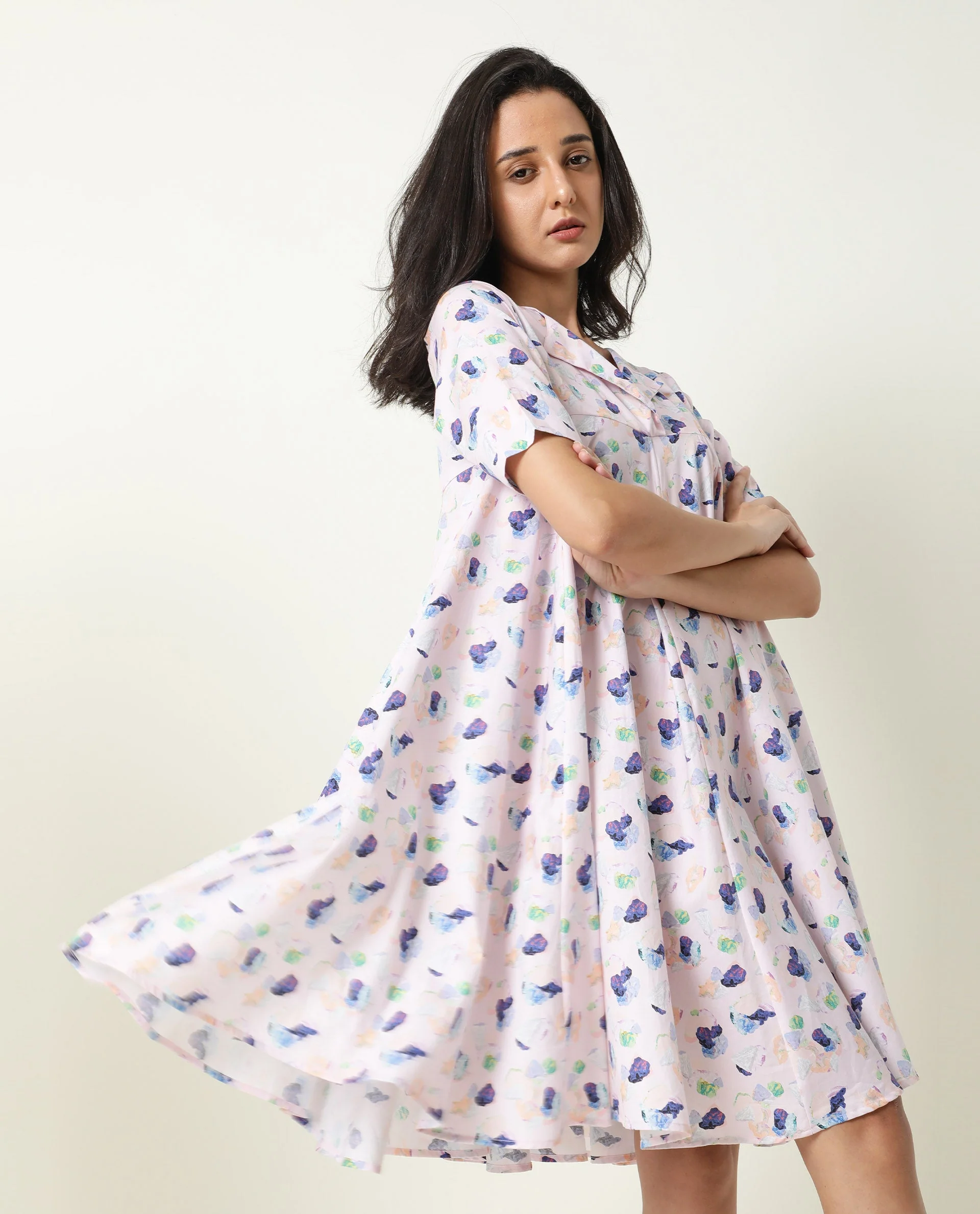 Rareism Women's Allia Pink Lapel Neck Floral Print Knee Length Regular Fit Dress - Image 8