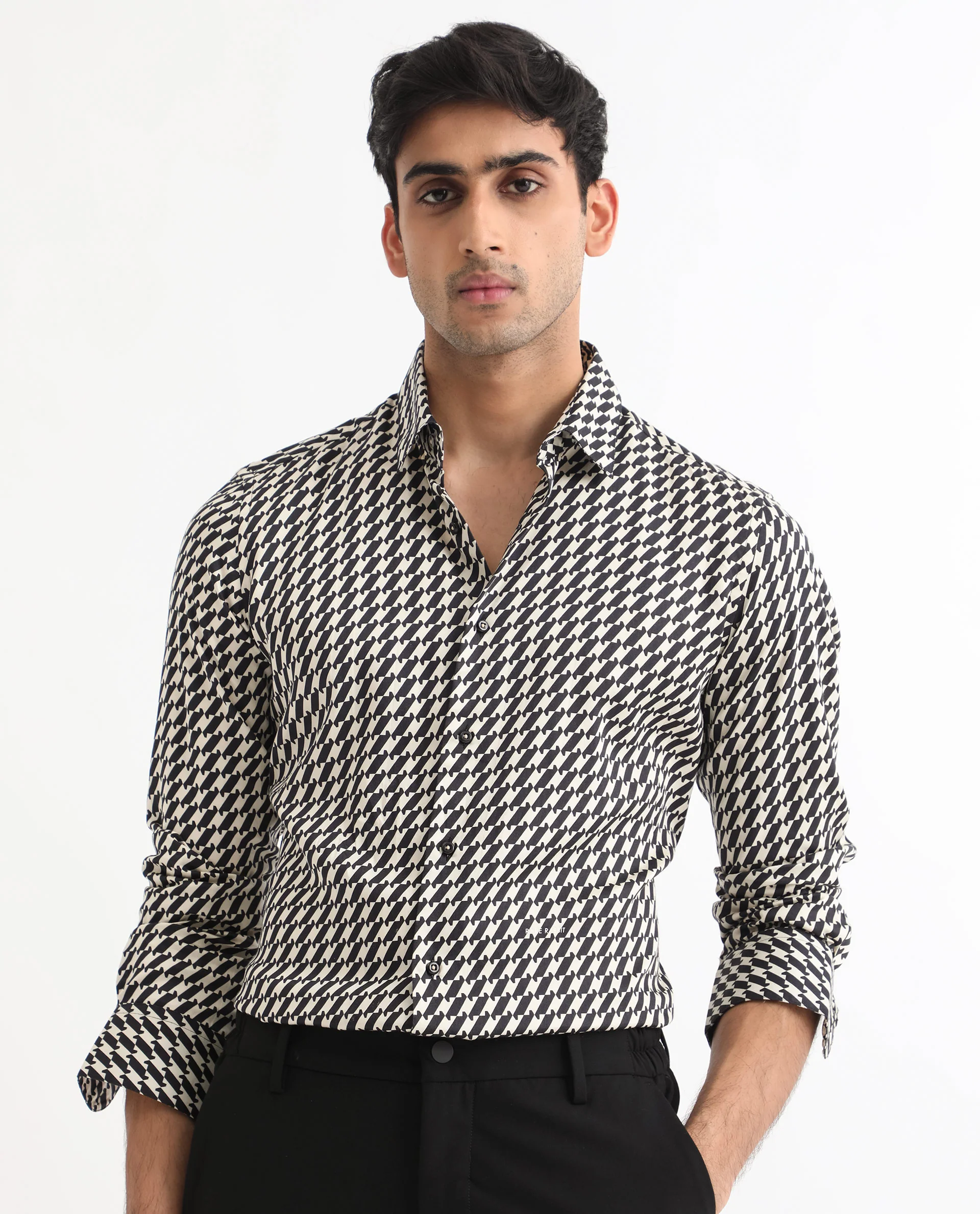 Rare Rabbit Men's Allin Black Cotton Geometric Print Regular Fit Full Sleeve Collared Shirt - Image 5