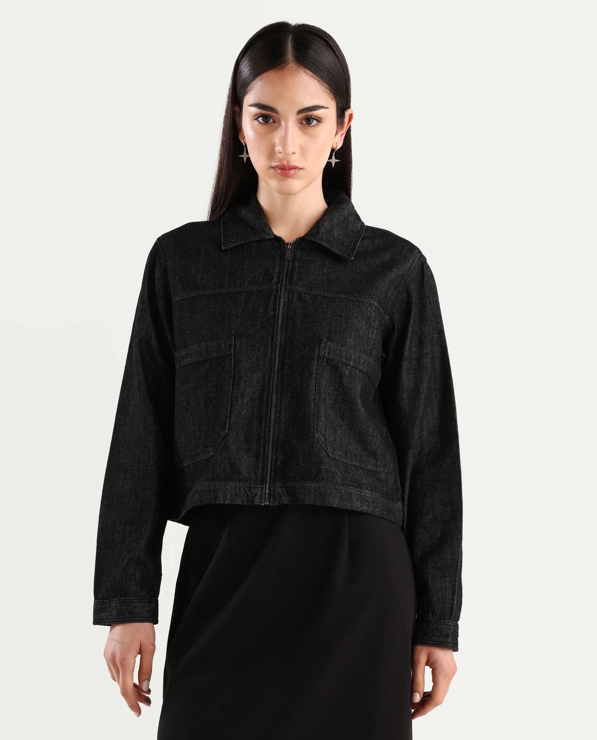 Rareism Women's Allin Black Cotton Drop Collar Plain Cuffed Sleeve Regular Fit Jacket - Image 3