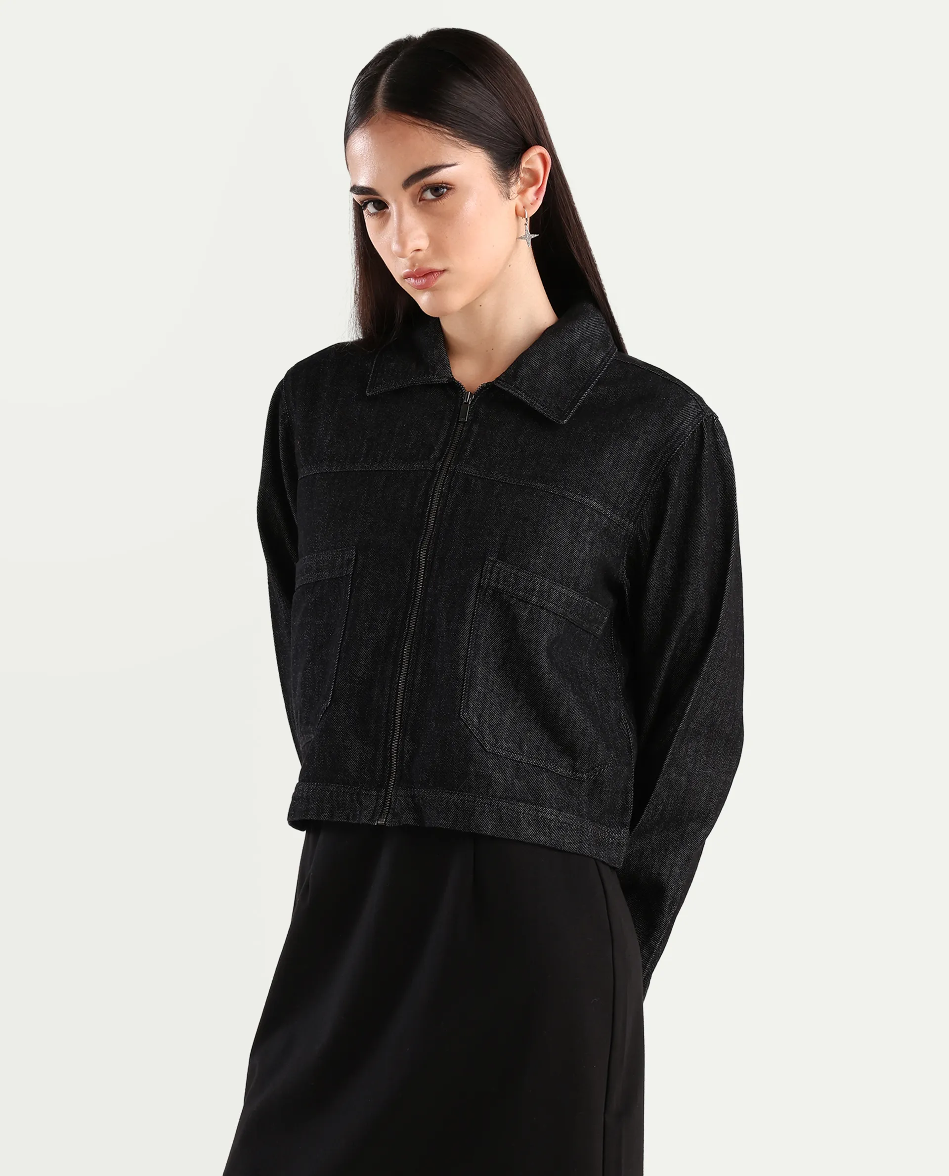 Rareism Women's Allin Black Cotton Drop Collar Plain Cuffed Sleeve Regular Fit Jacket - Image 6