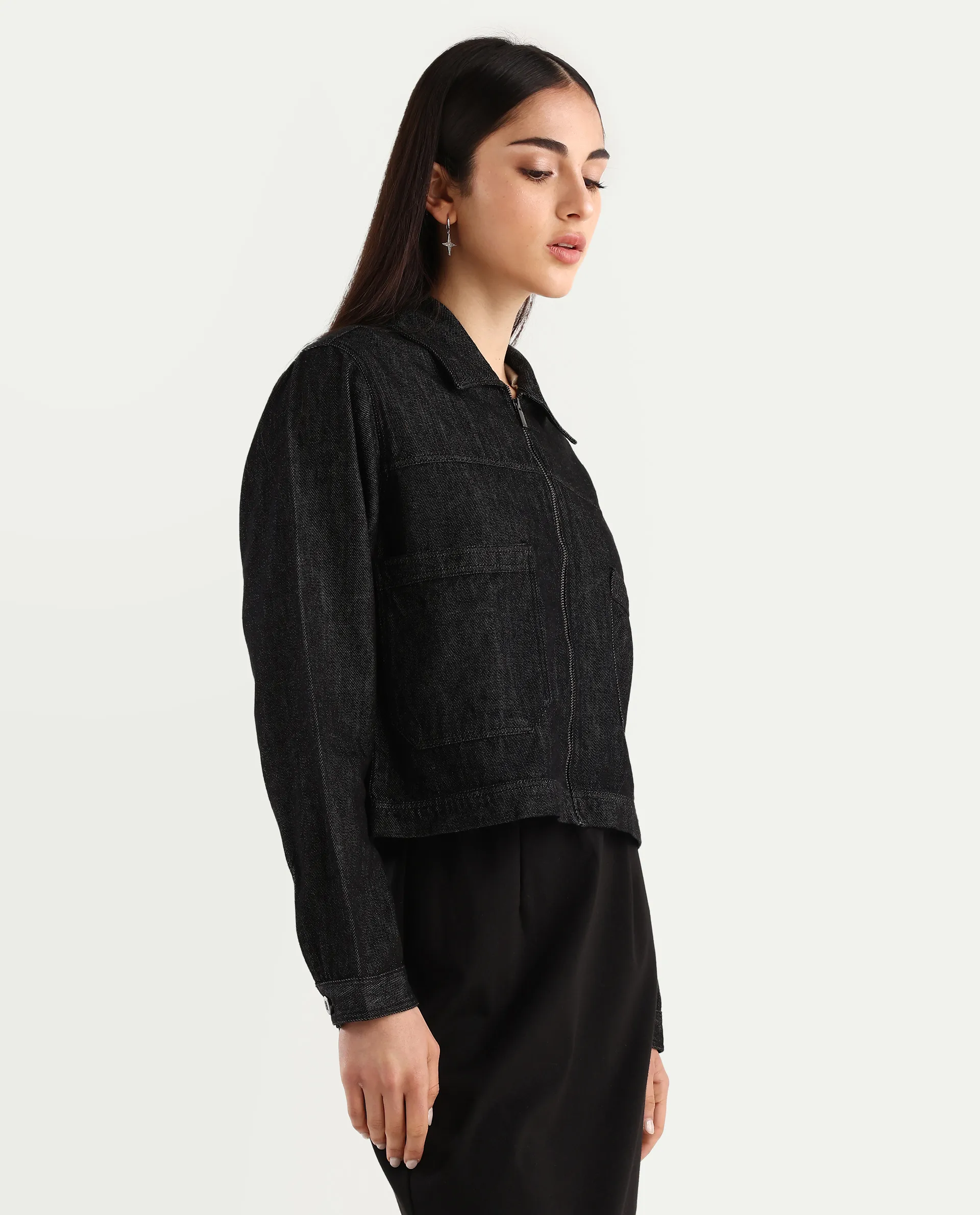 Rareism Women's Allin Black Cotton Drop Collar Plain Cuffed Sleeve Regular Fit Jacket - Image 7