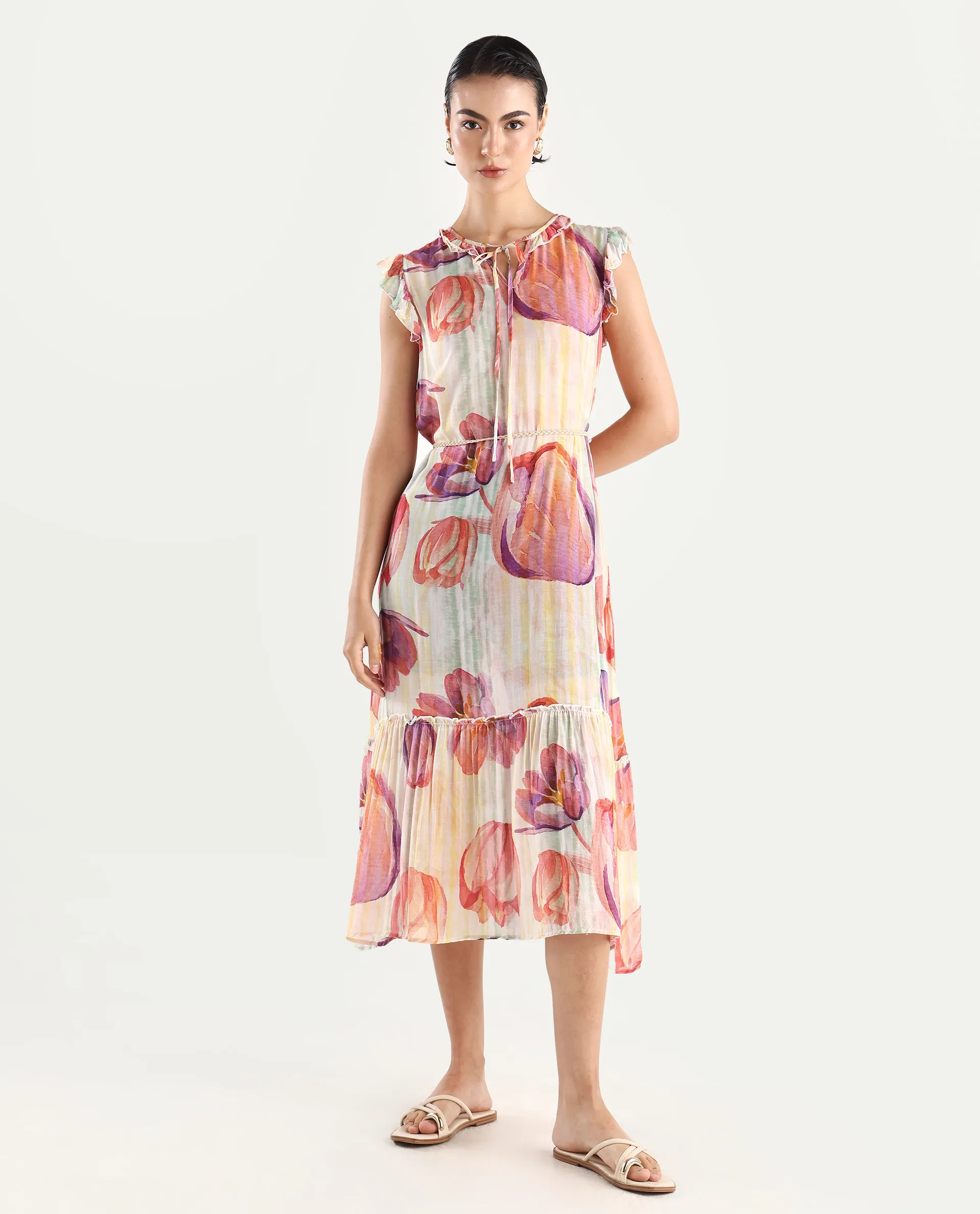Rareism Women's Almora Light Multi Polyester Drop Collar Floral Print Ruffled Sleeve Midi A-Line Dress - Image 2