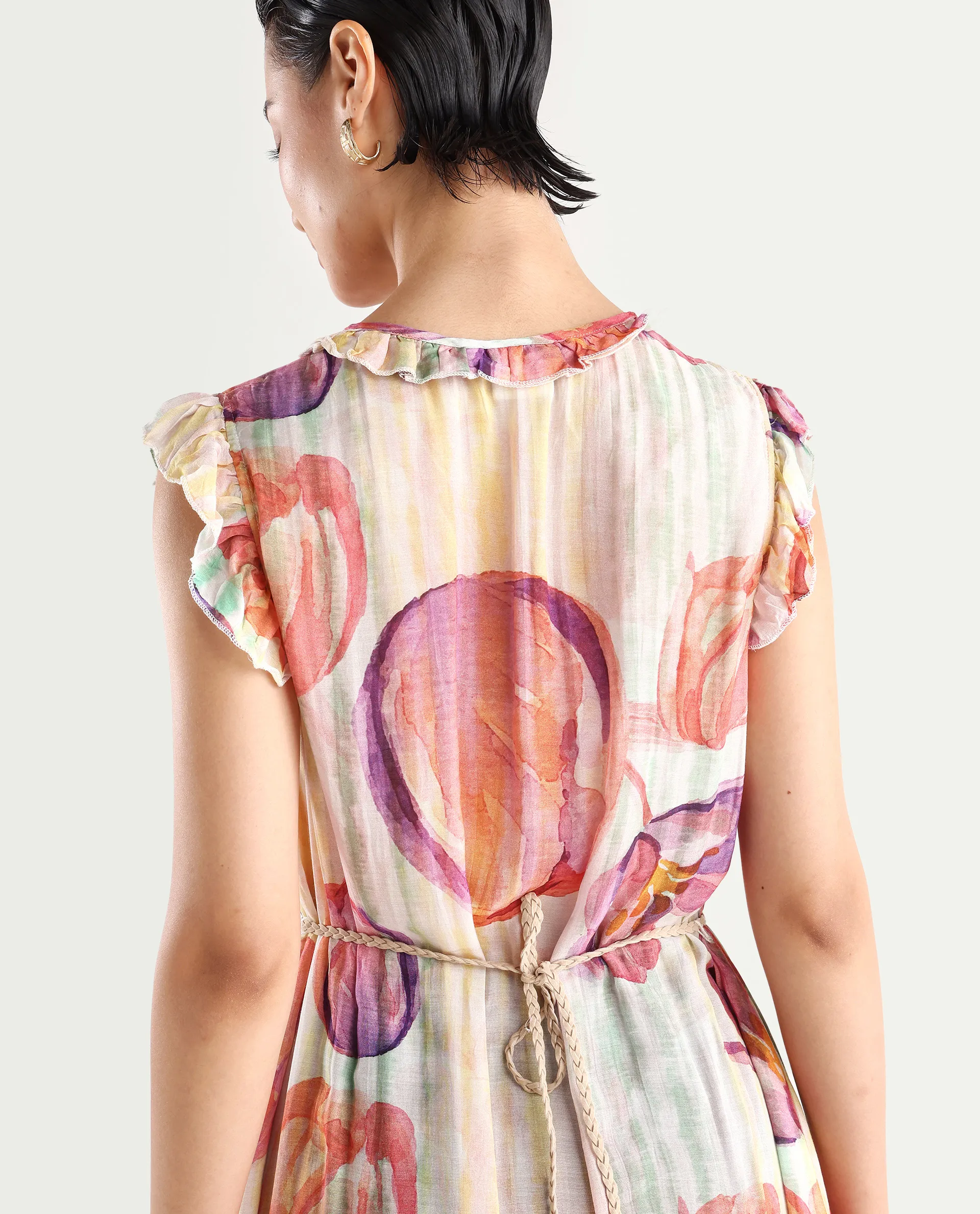 Rareism Women's Almora Light Multi Polyester Drop Collar Floral Print Ruffled Sleeve Midi A-Line Dress - Image 3