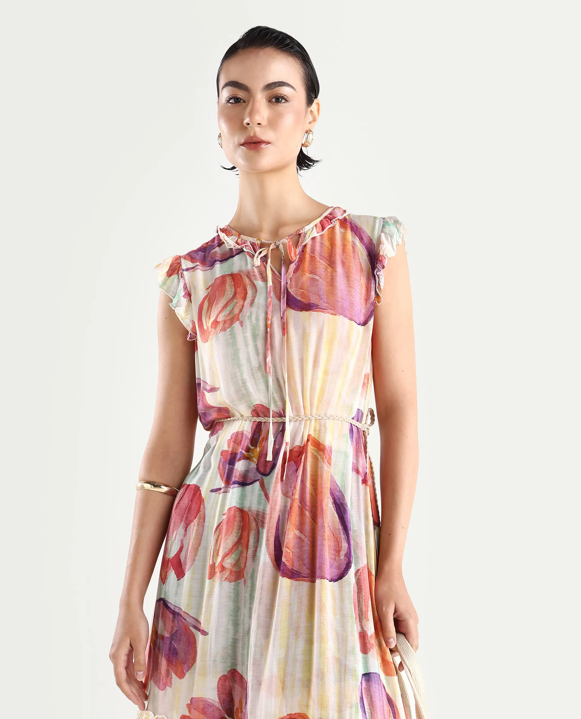 Rareism Women's Almora Light Multi Polyester Drop Collar Floral Print Ruffled Sleeve Midi A-Line Dress - Image 4