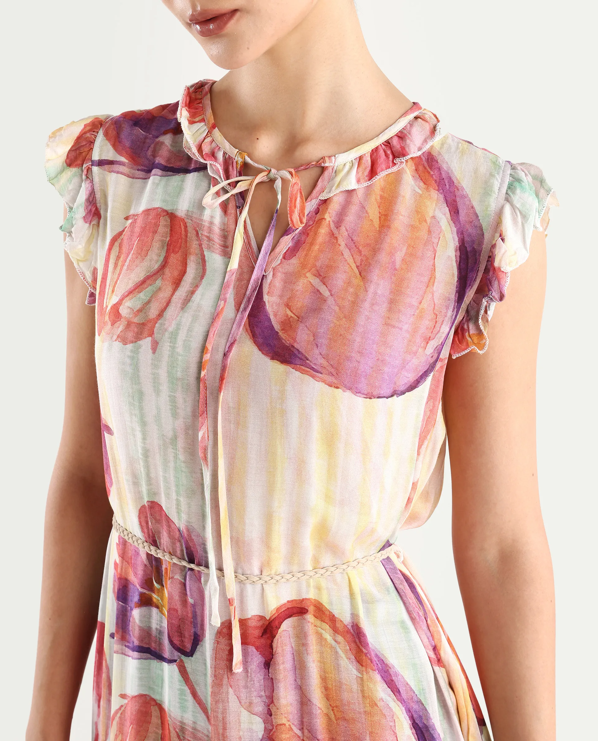 Rareism Women's Almora Light Multi Polyester Drop Collar Floral Print Ruffled Sleeve Midi A-Line Dress - Image 5