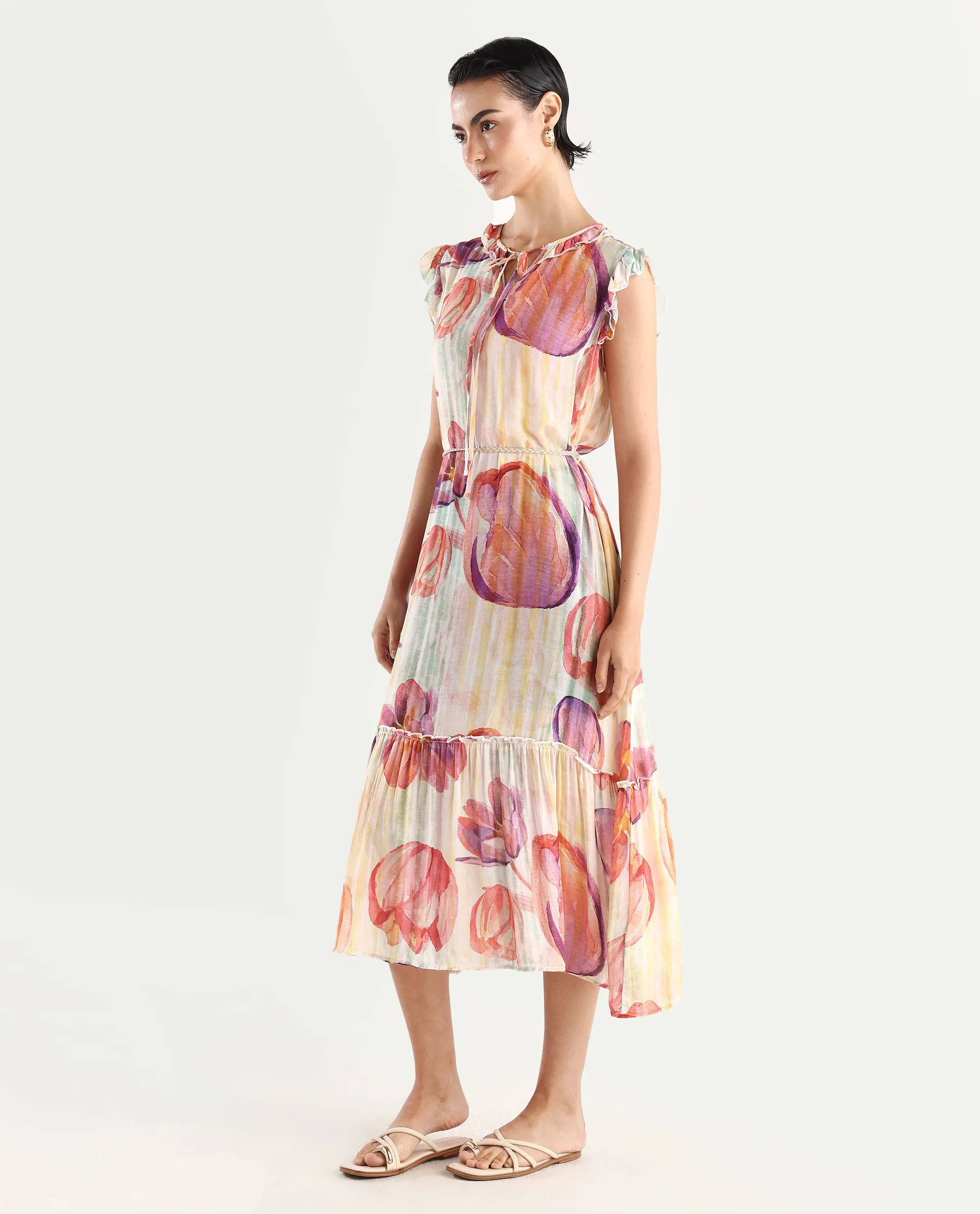 Rareism Women's Almora Light Multi Polyester Drop Collar Floral Print Ruffled Sleeve Midi A-Line Dress - Image 6