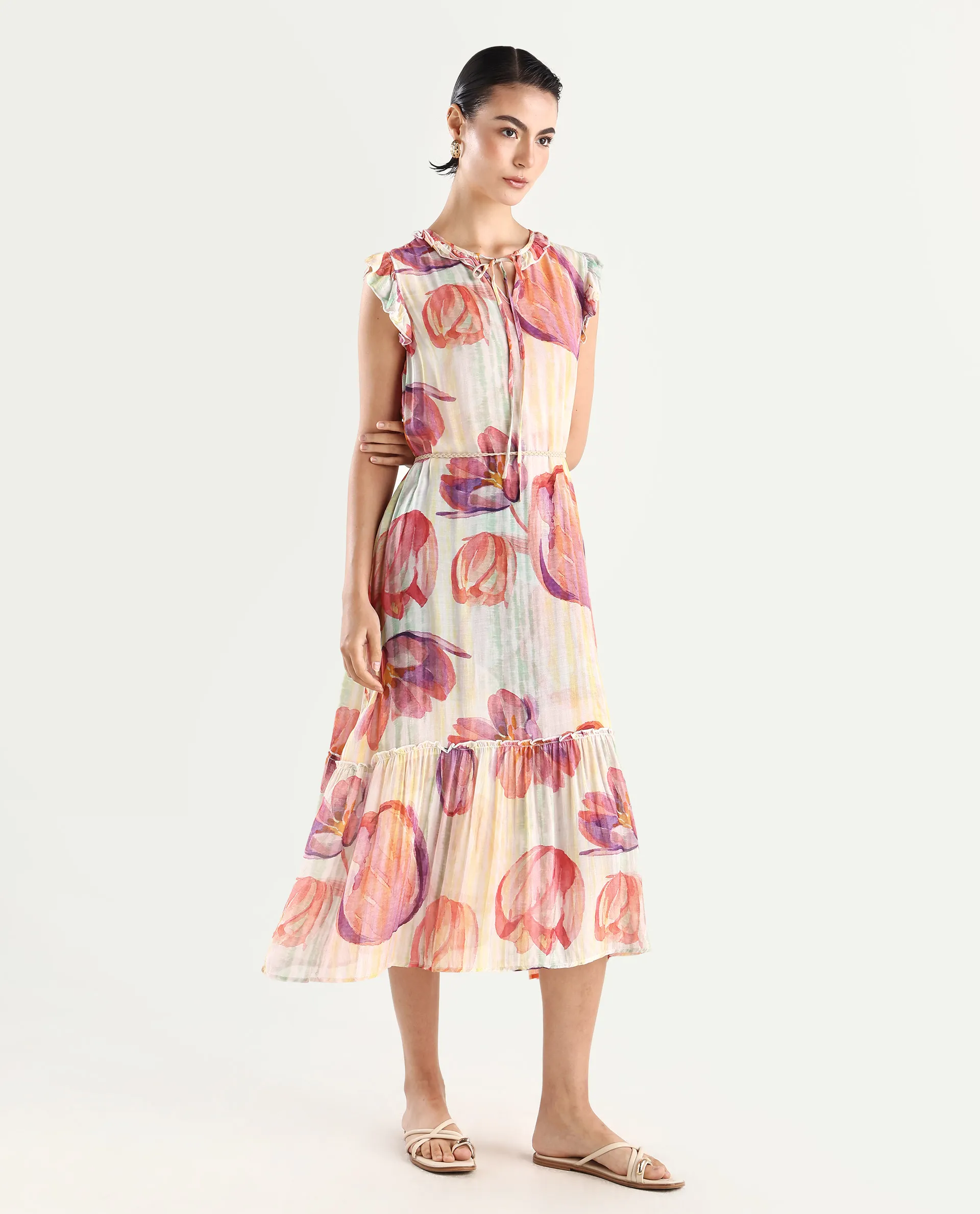 Rareism Women's Almora Light Multi Polyester Drop Collar Floral Print Ruffled Sleeve Midi A-Line Dress - Image 7