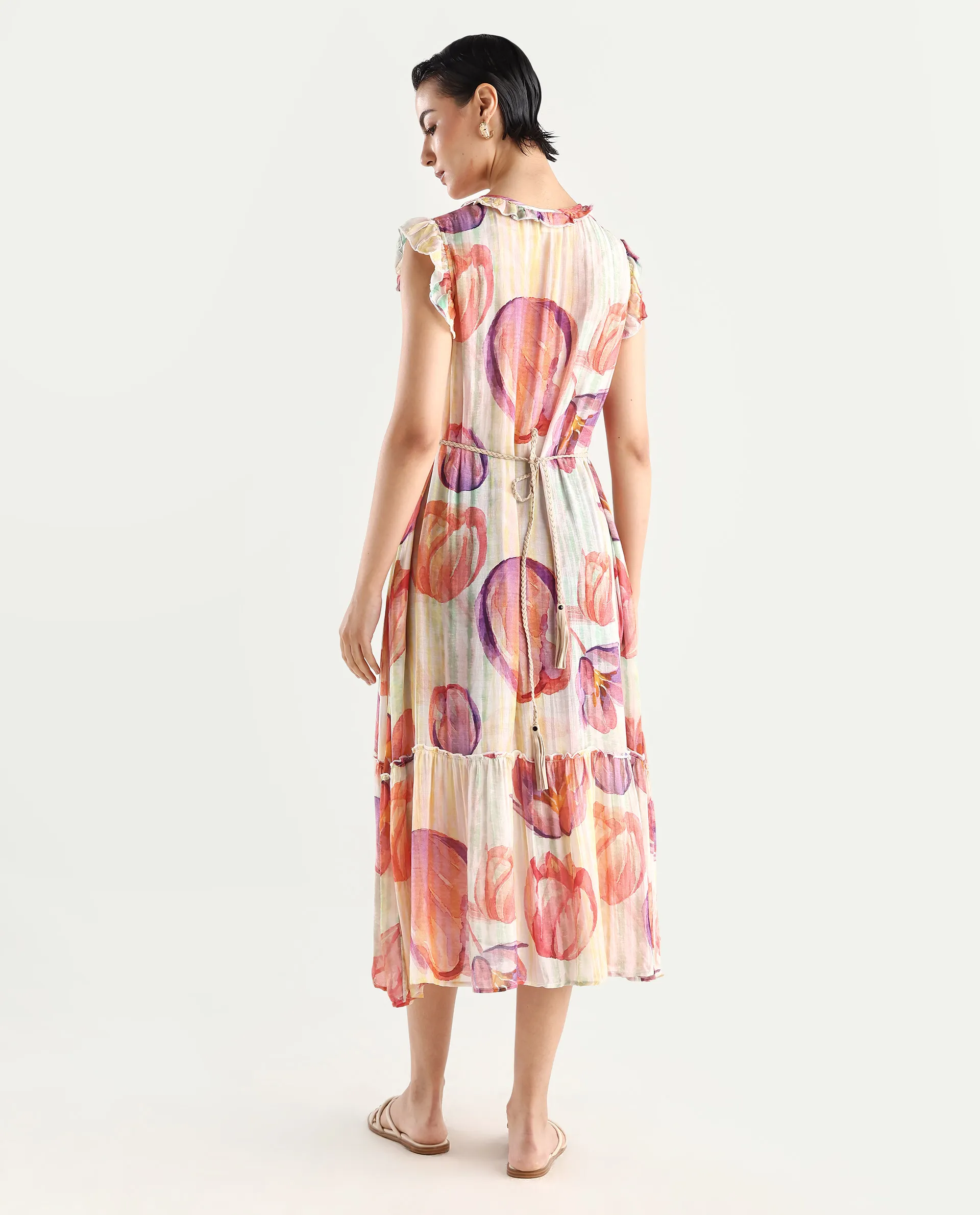 Rareism Women's Almora Light Multi Polyester Drop Collar Floral Print Ruffled Sleeve Midi A-Line Dress - Image 8