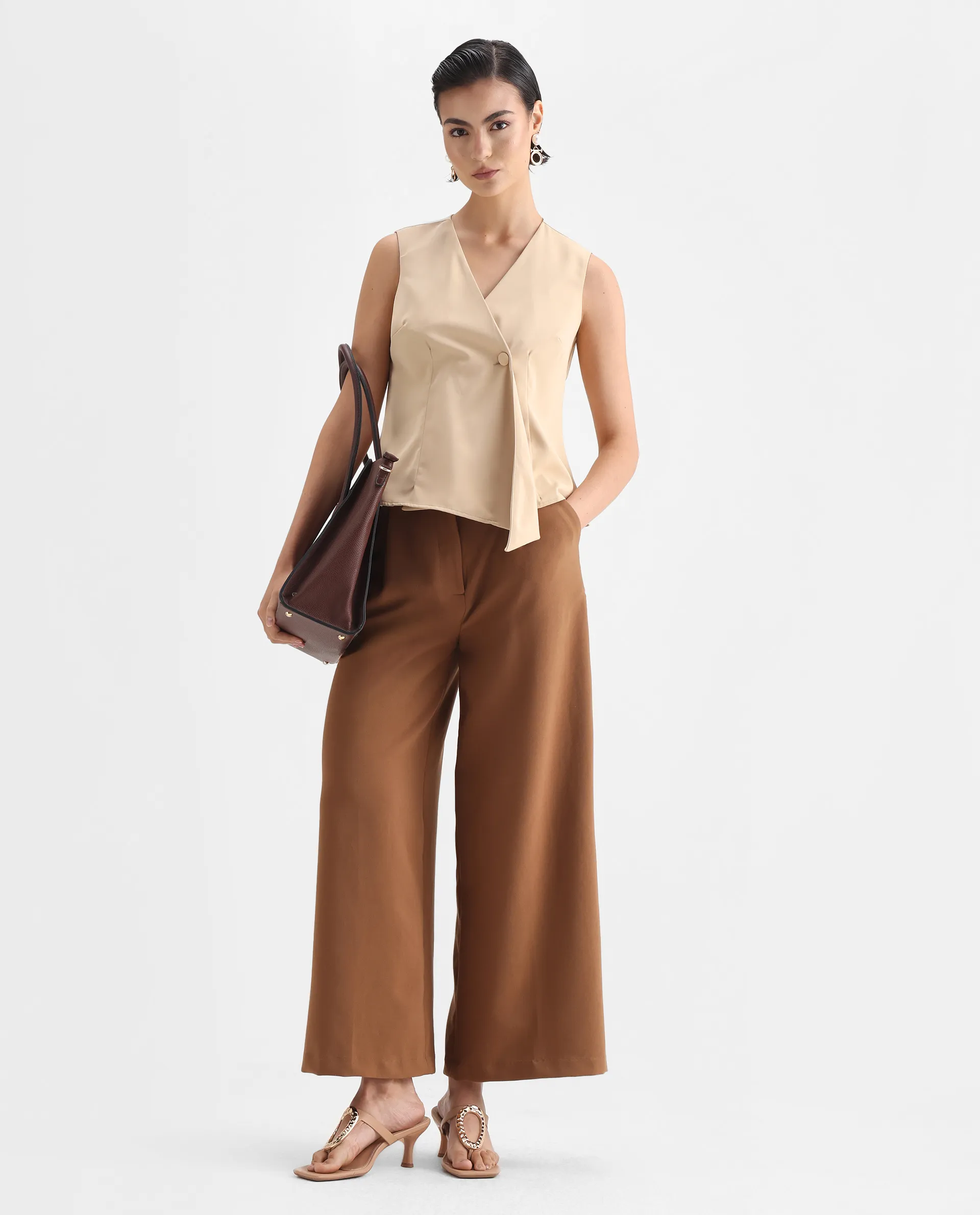 Rareism Women's Alnam Beige Satin Overlap Neck Dyed Sleeveless Regular Fit Top - Image 2