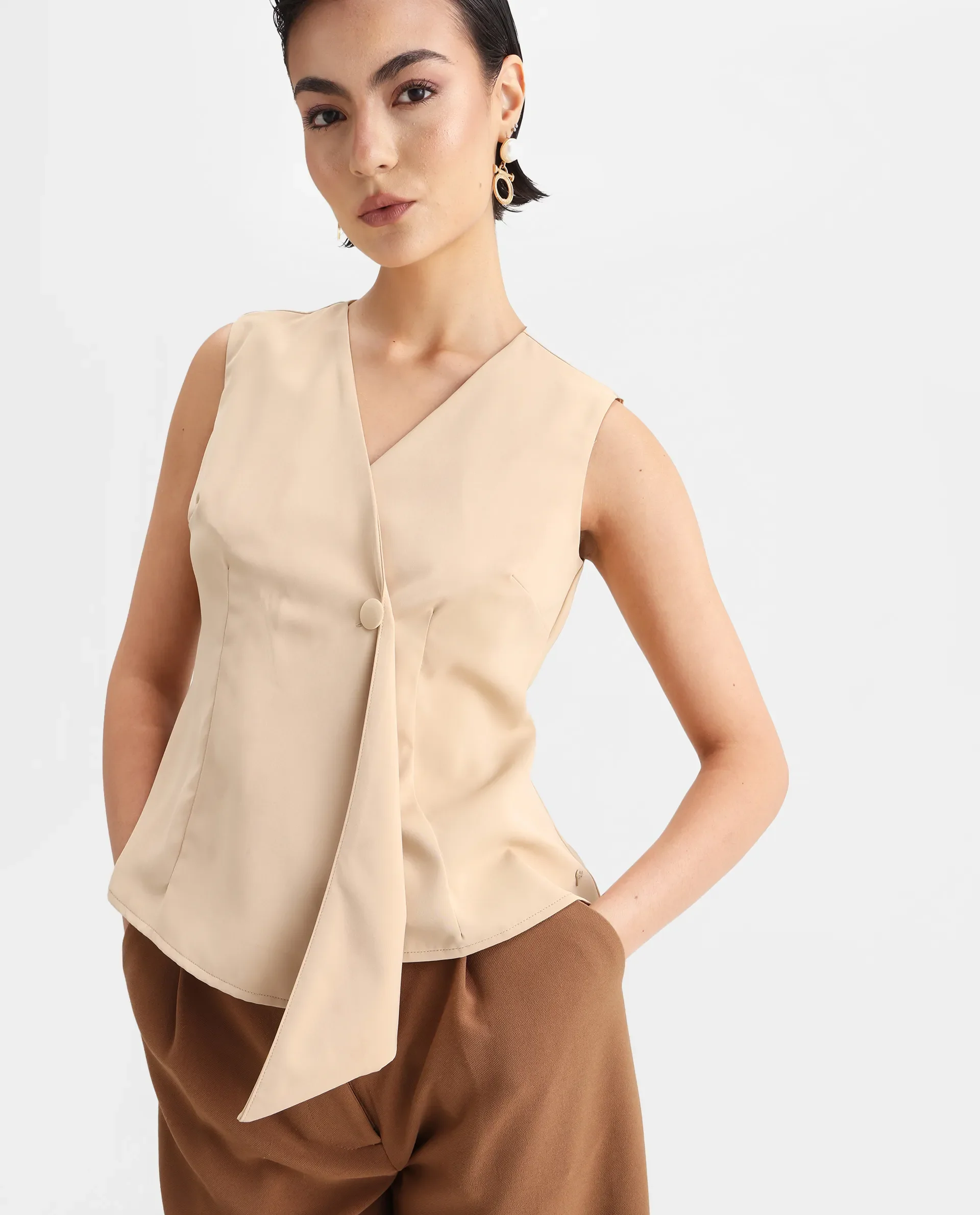 Rareism Women's Alnam Beige Satin Overlap Neck Dyed Sleeveless Regular Fit Top - Image 3