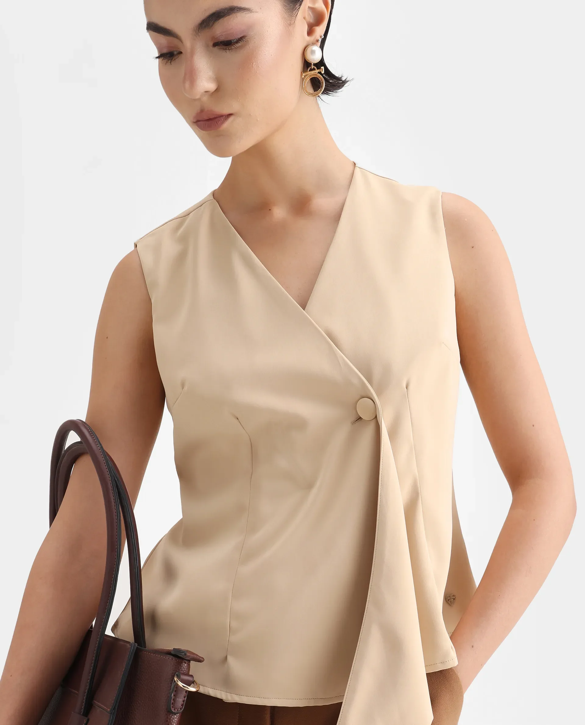 Rareism Women's Alnam Beige Satin Overlap Neck Dyed Sleeveless Regular Fit Top - Image 4