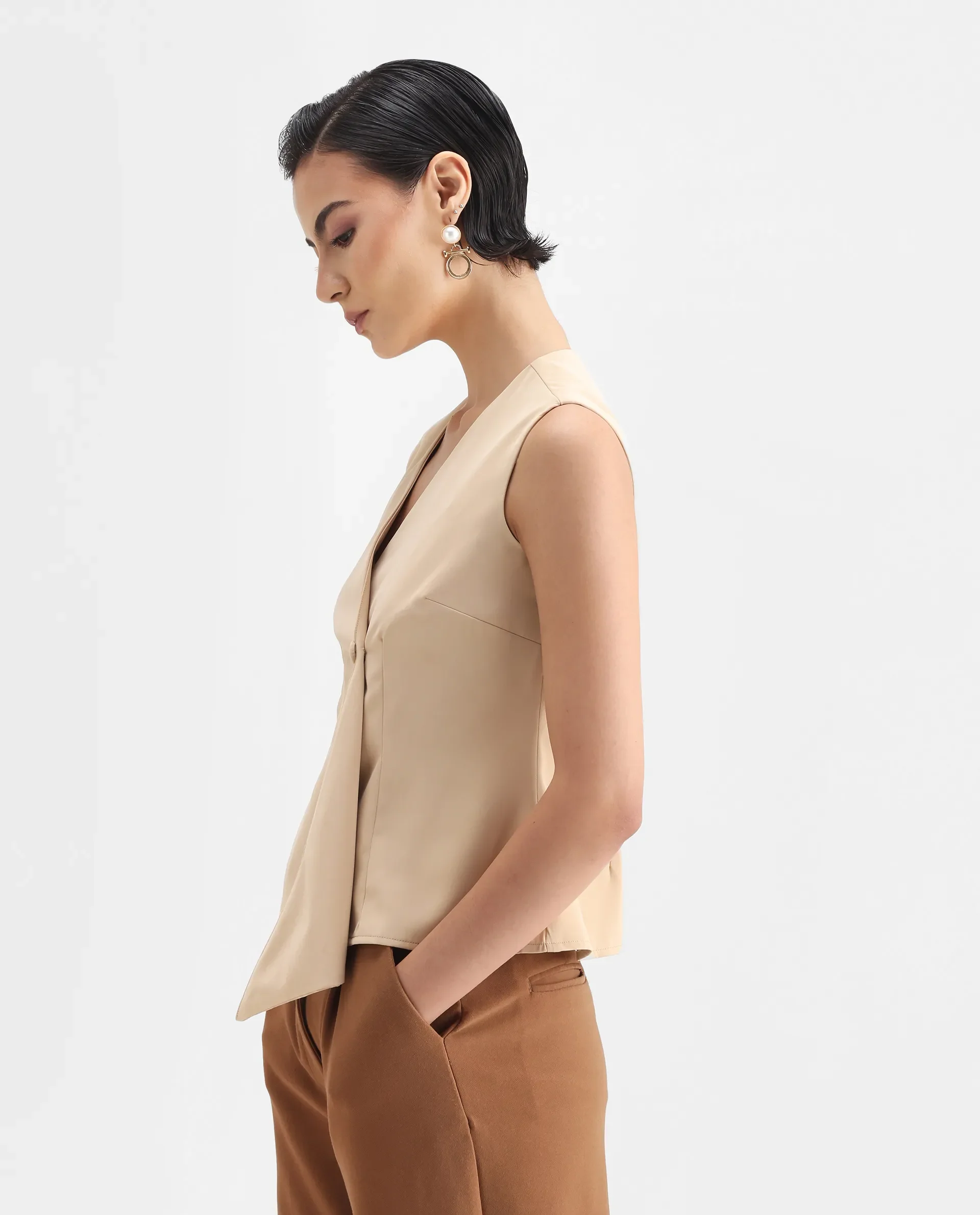 Rareism Women's Alnam Beige Satin Overlap Neck Dyed Sleeveless Regular Fit Top - Image 5