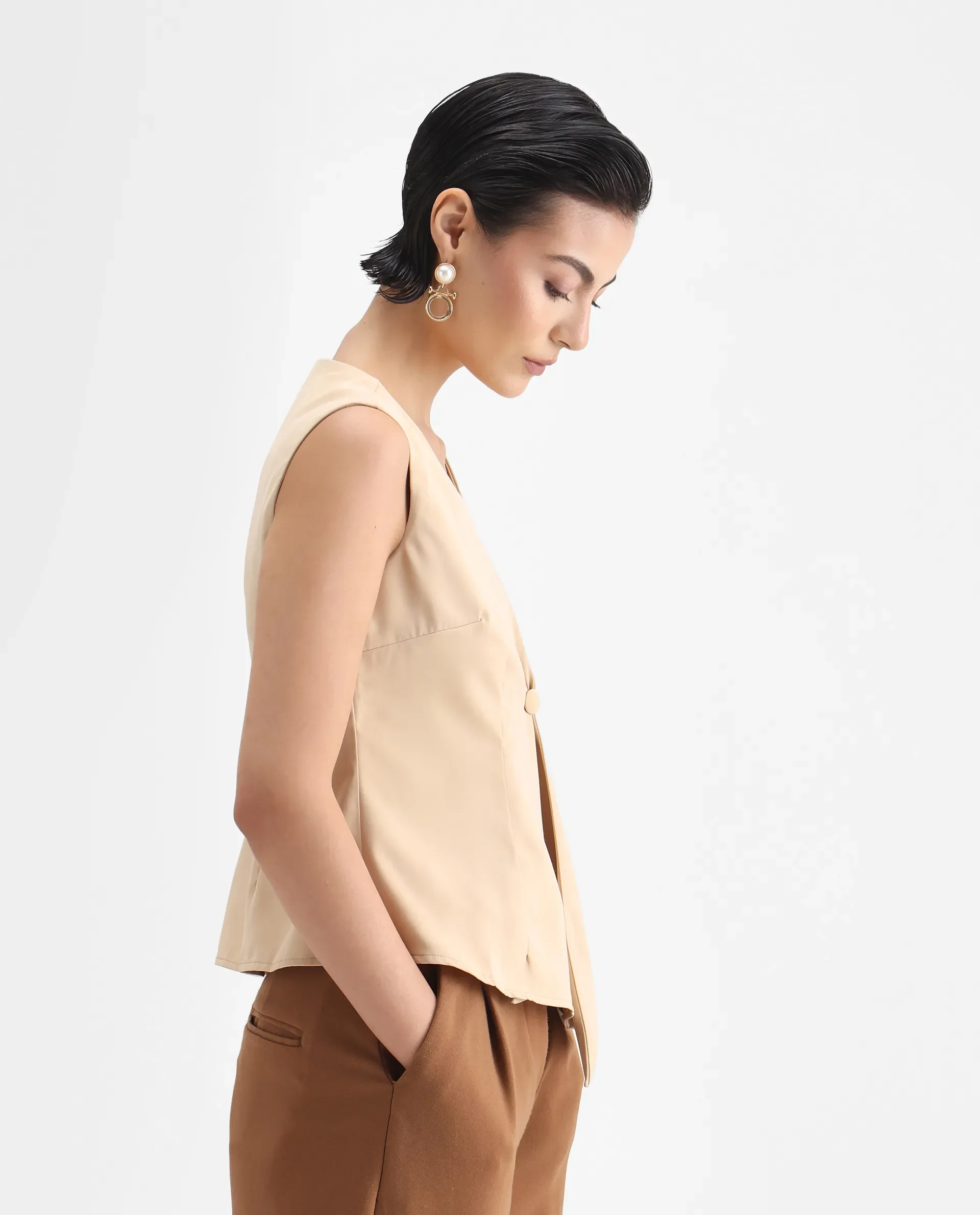 Rareism Women's Alnam Beige Satin Overlap Neck Dyed Sleeveless Regular Fit Top - Image 6