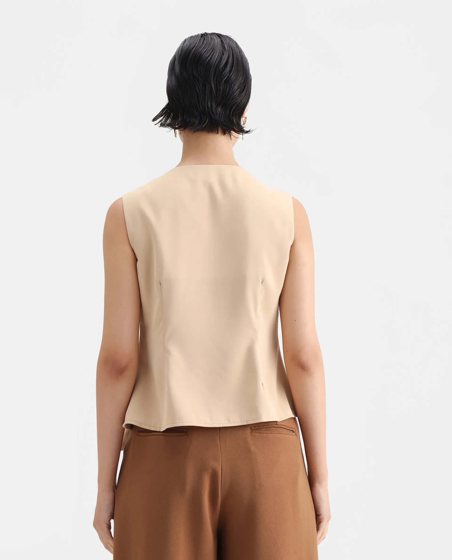 Rareism Women's Alnam Beige Satin Overlap Neck Dyed Sleeveless Regular Fit Top - Image 7